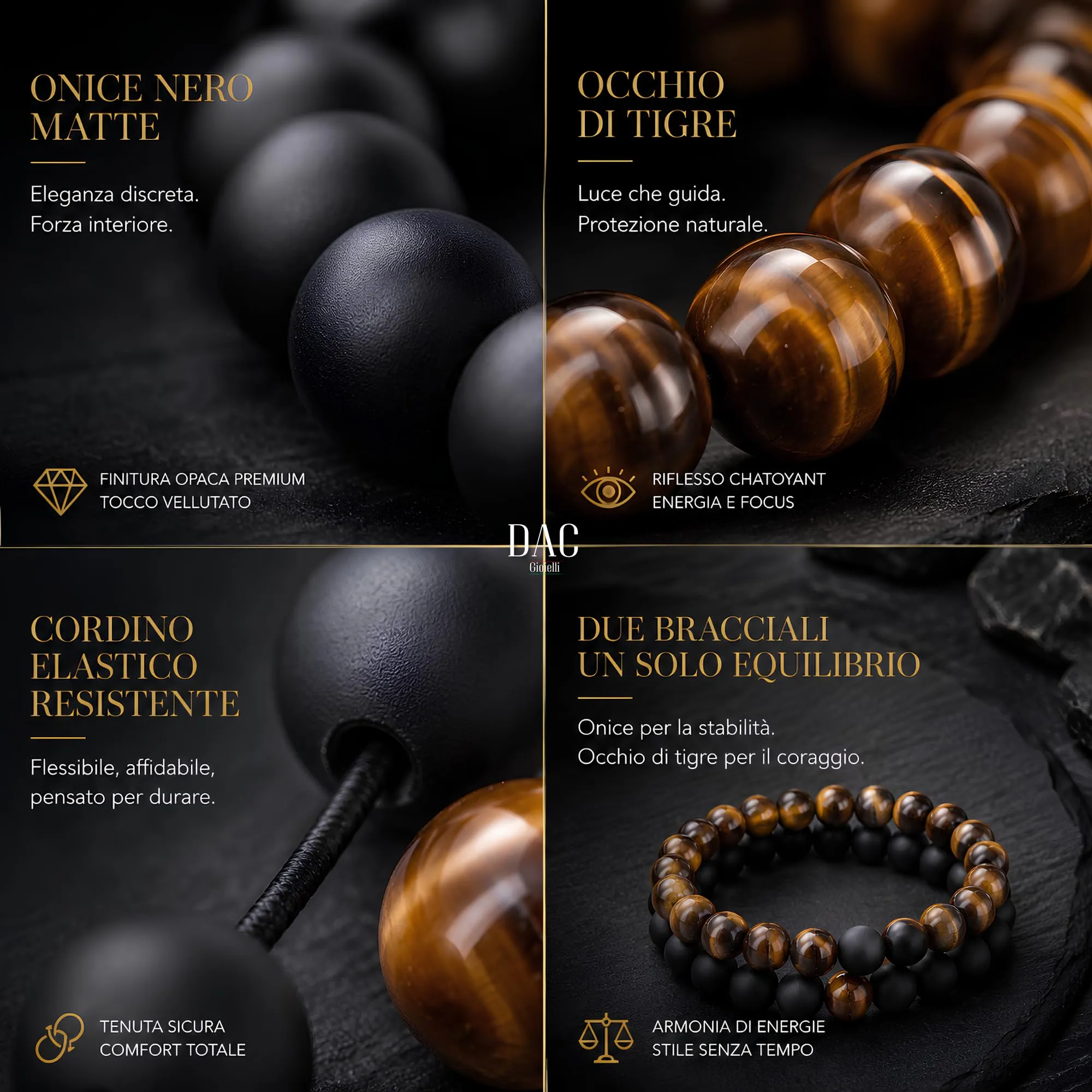 DAC Bracciali Uomo 2 Pezzi con Pietre Naturali, Eye e Nero, 21 cm con Scatola Regalo - immagine 5