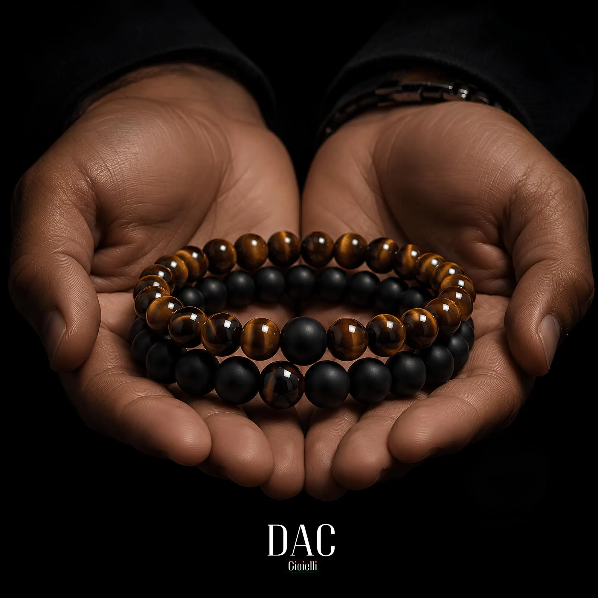 DAC Bracciali Uomo 2 Pezzi con Pietre Naturali, Eye e Nero, 21 cm con Scatola Regalo - immagine 6