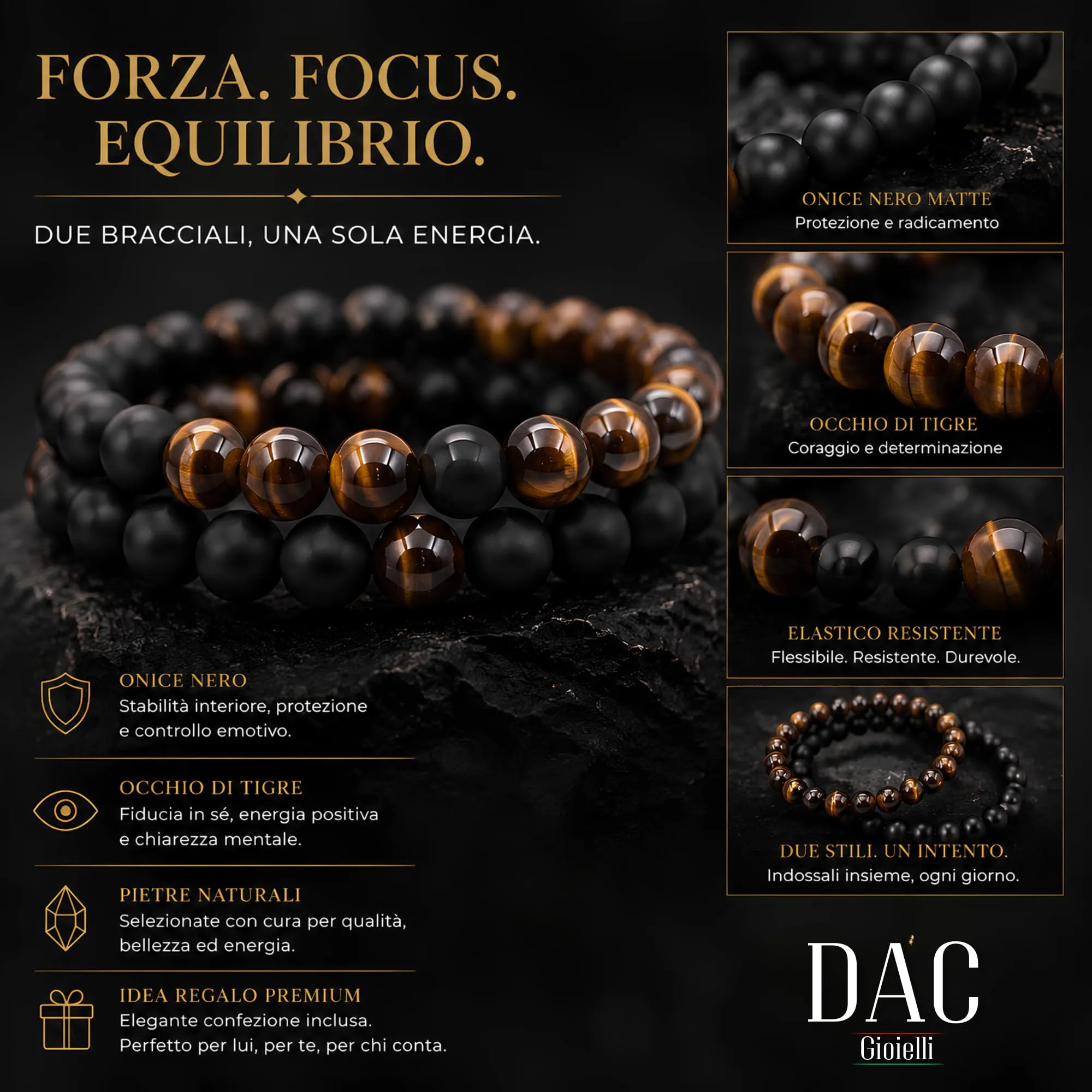 DAC Bracciali Uomo 2 Pezzi con Pietre Naturali, Eye e Nero, 21 cm con Scatola Regalo - immagine 7