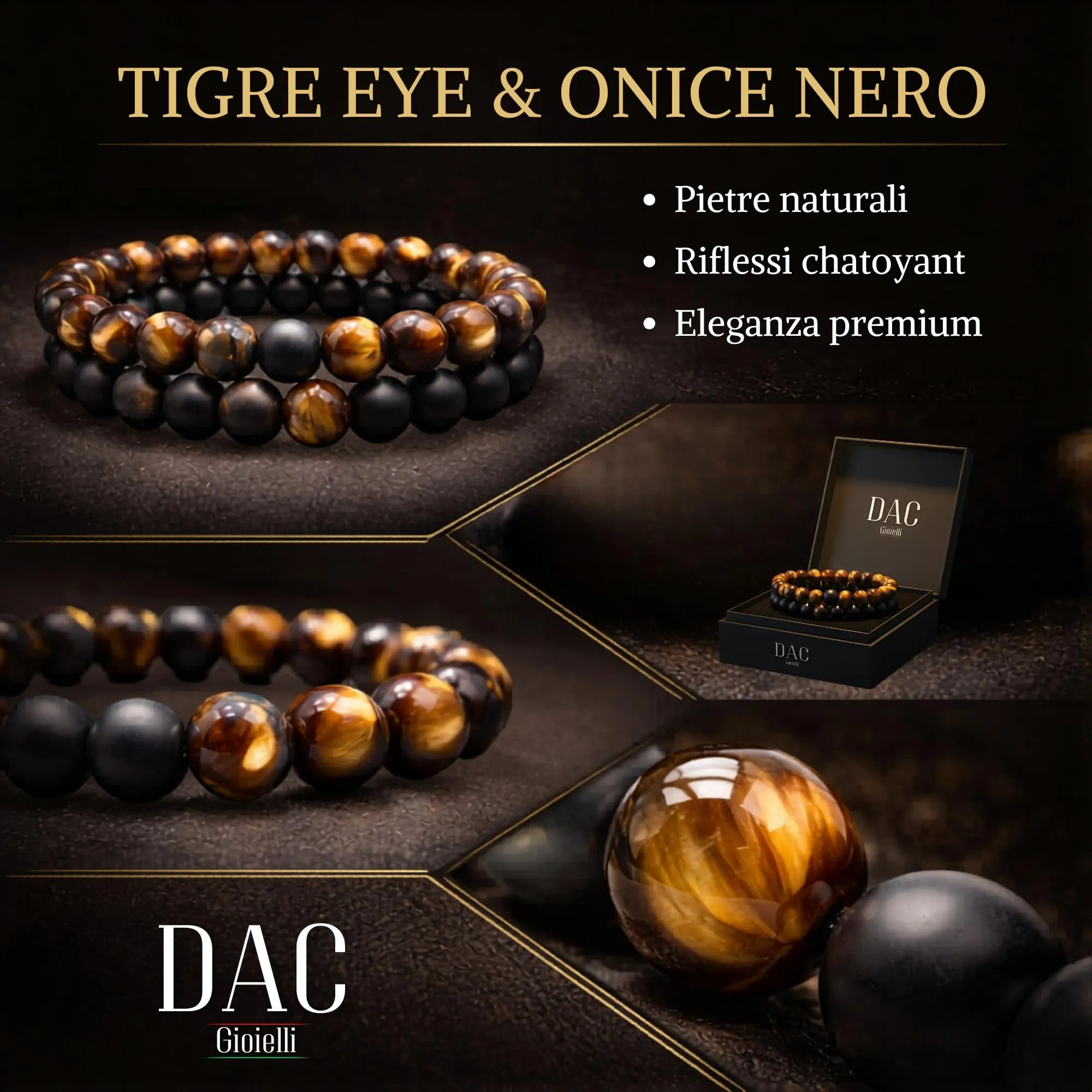 DAC Bracciali Uomo 2 Pezzi con Pietre Naturali, Eye e Nero, 21 cm con Scatola Regalo - immagine 8