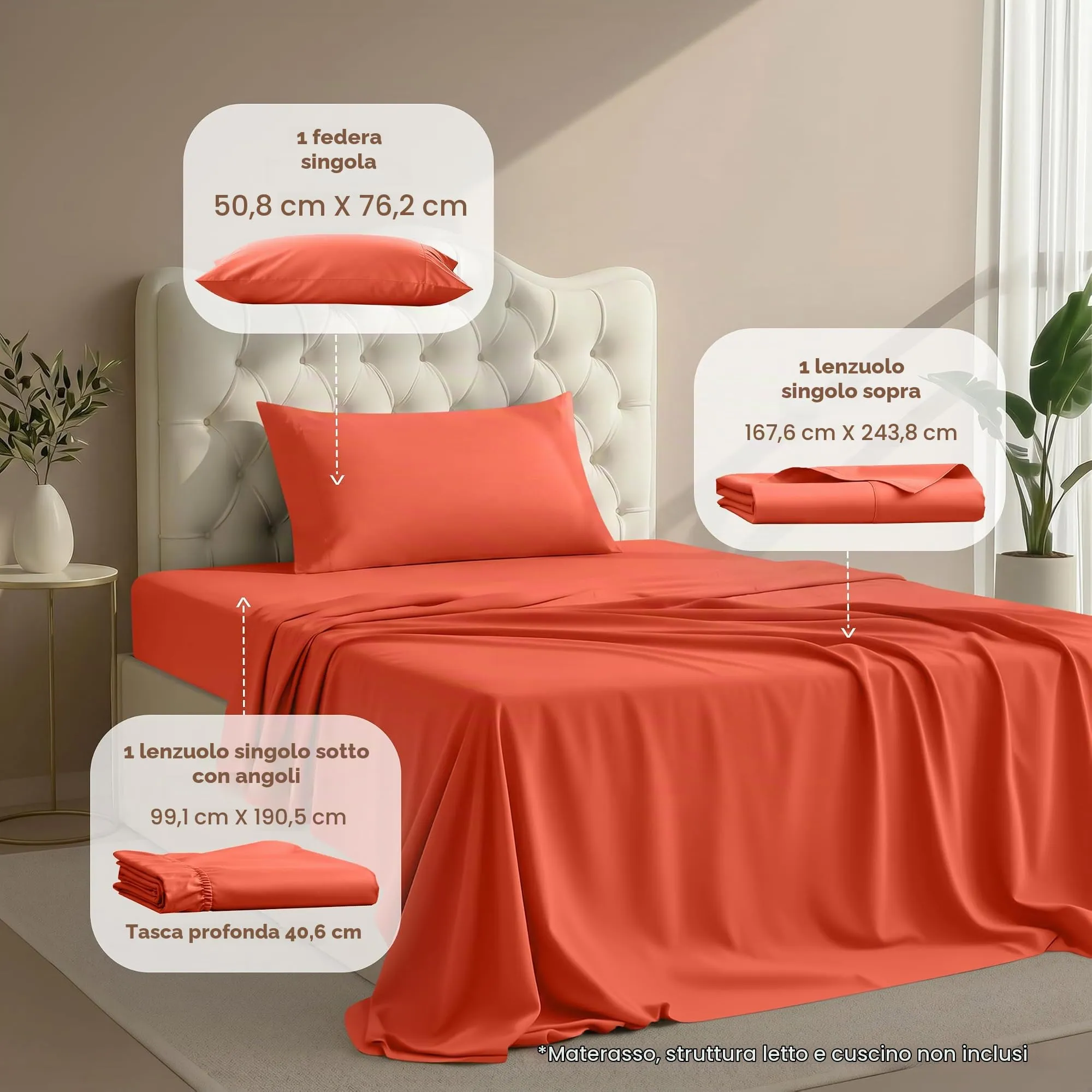 Utopia Bedding Set di lenzuola per letto singolo, 3 pezzi, microfibra, Oeko Tex (Corallo) - immagine 2