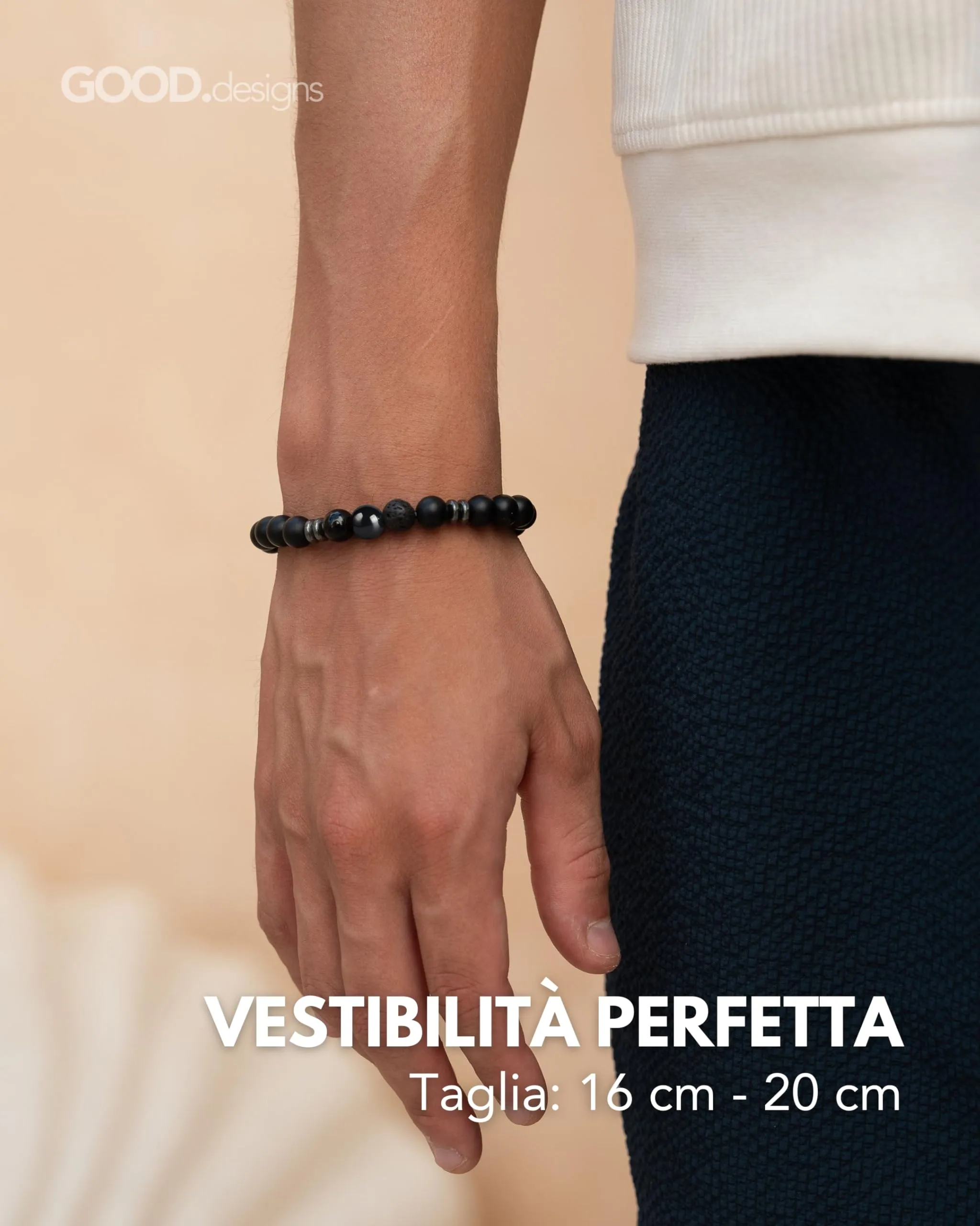GD GOOD.designs Bracciale uomo in pietra lavica nera e onice, perline da 8 mm, elastico - immagine 5