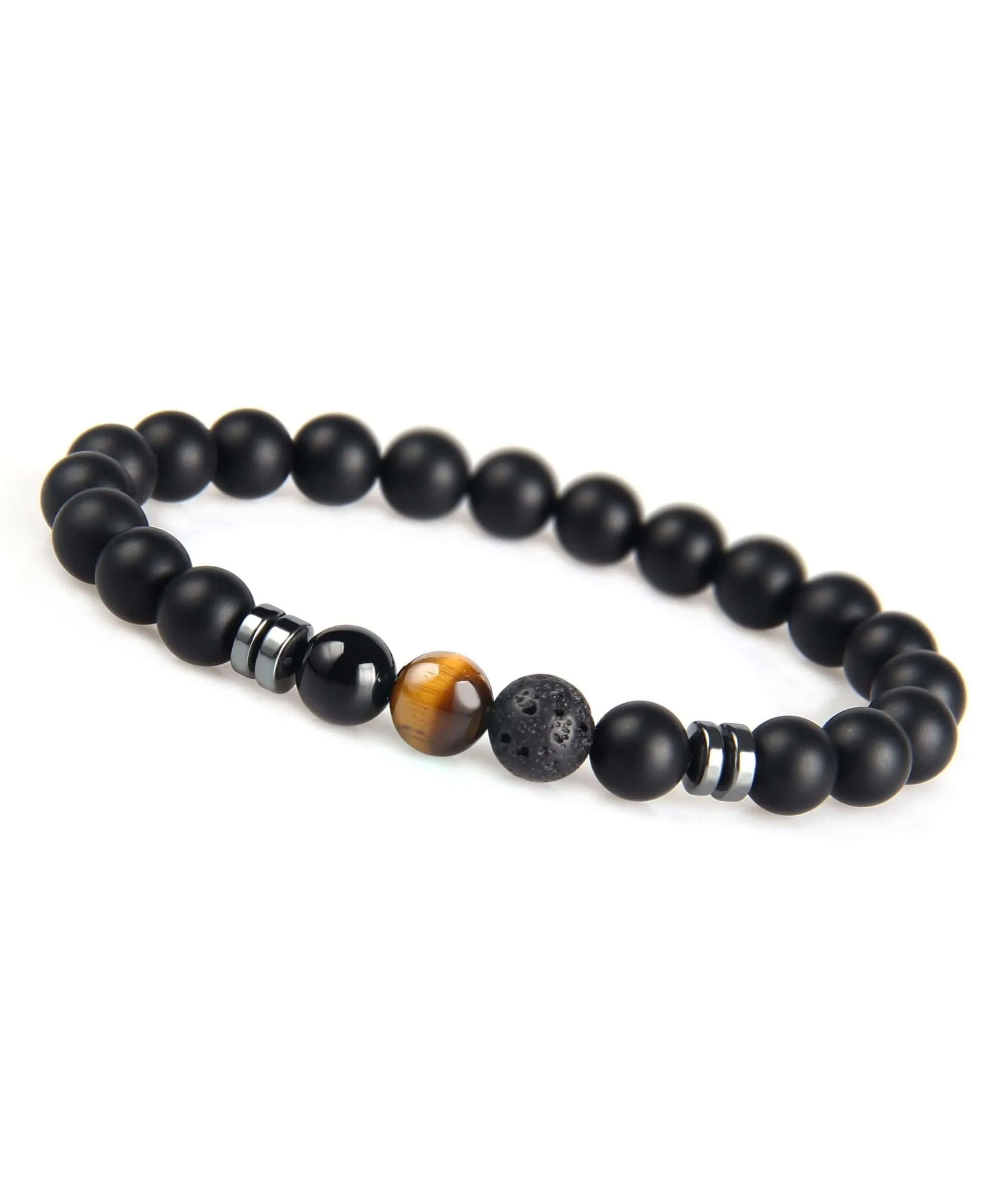 GD GOOD.designs Bracciale uomo in pietra lavica nera e onice 8 mm, elastico, colore Occhio di tigre - immagine 1