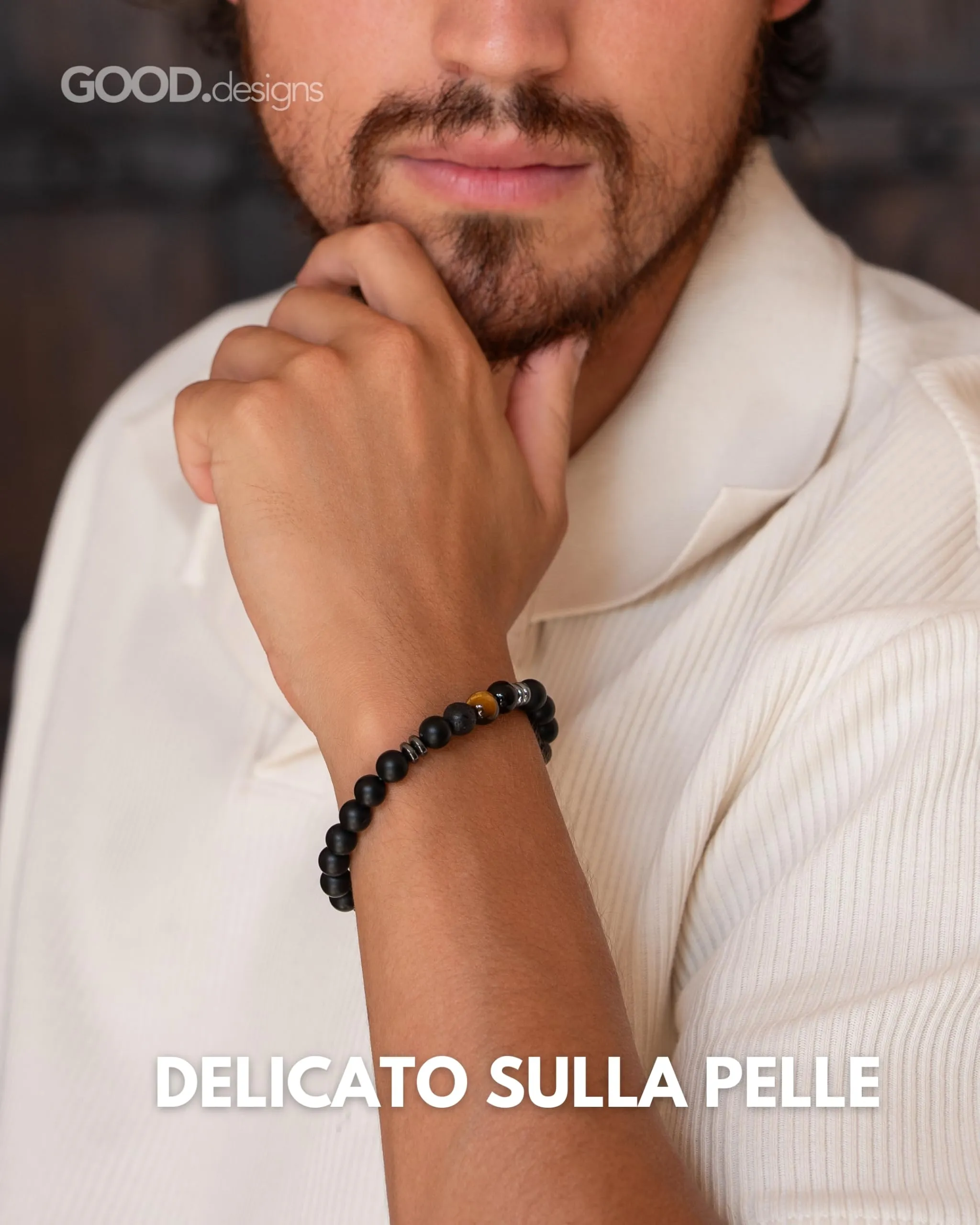 GD GOOD.designs Bracciale uomo in pietra lavica nera e onice 8 mm, elastico, colore Occhio di tigre - immagine 3