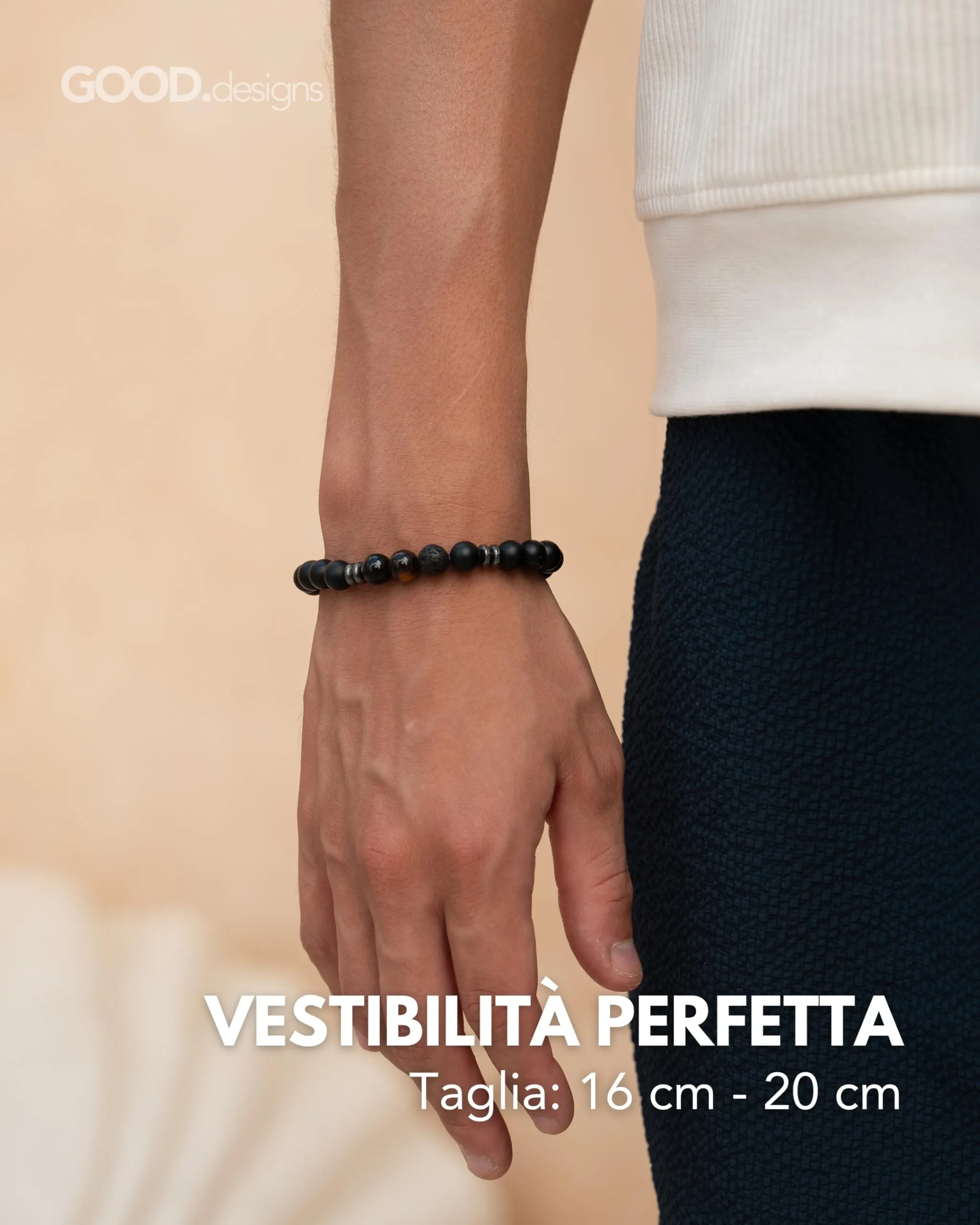 GD GOOD.designs Bracciale uomo in pietra lavica nera e onice 8 mm, elastico, colore Occhio di tigre - immagine 5