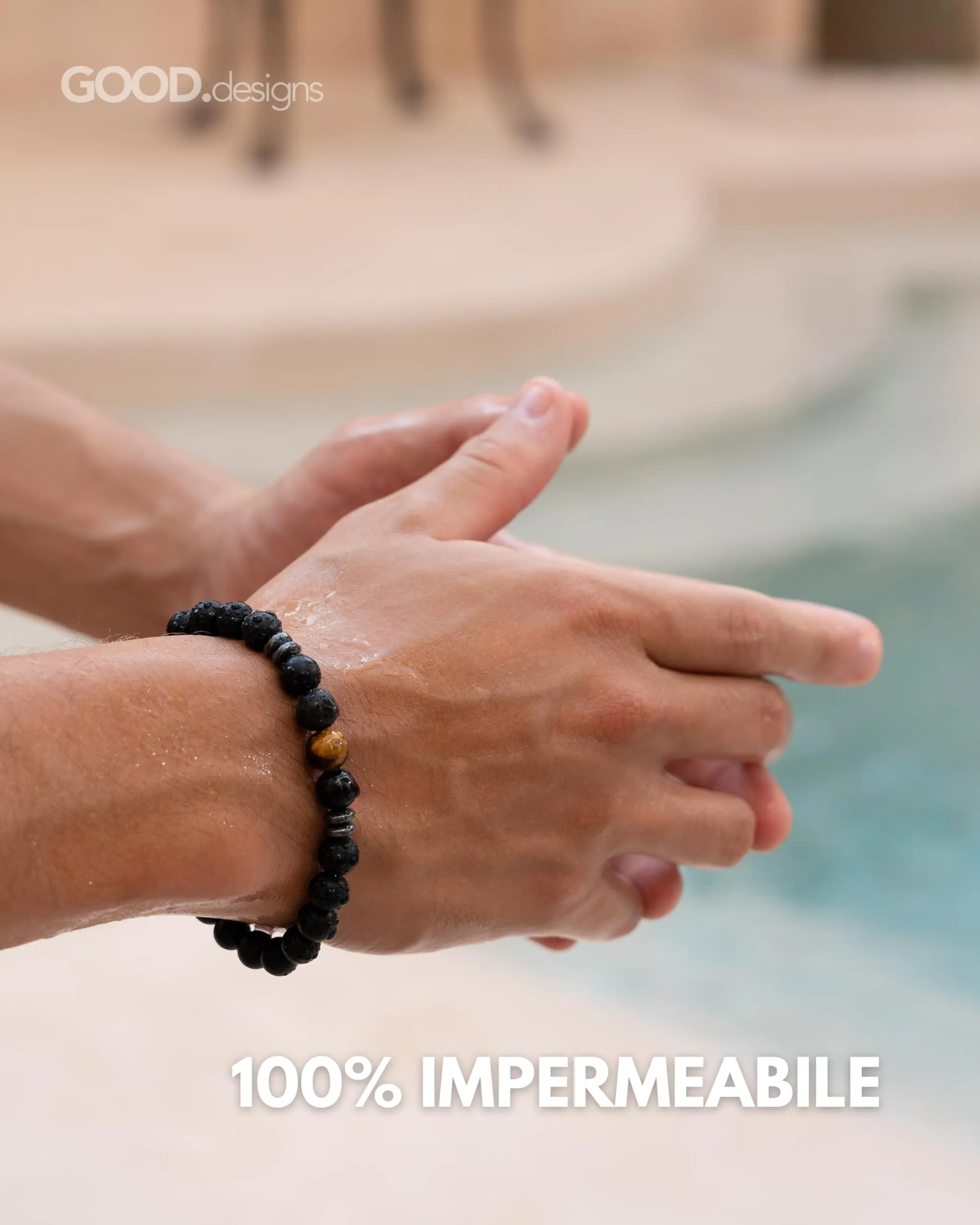 GD GOOD.designs Bracciale uomo in pietra lavica nera e onice 8 mm, elastico, colore Occhio di tigre - immagine 6