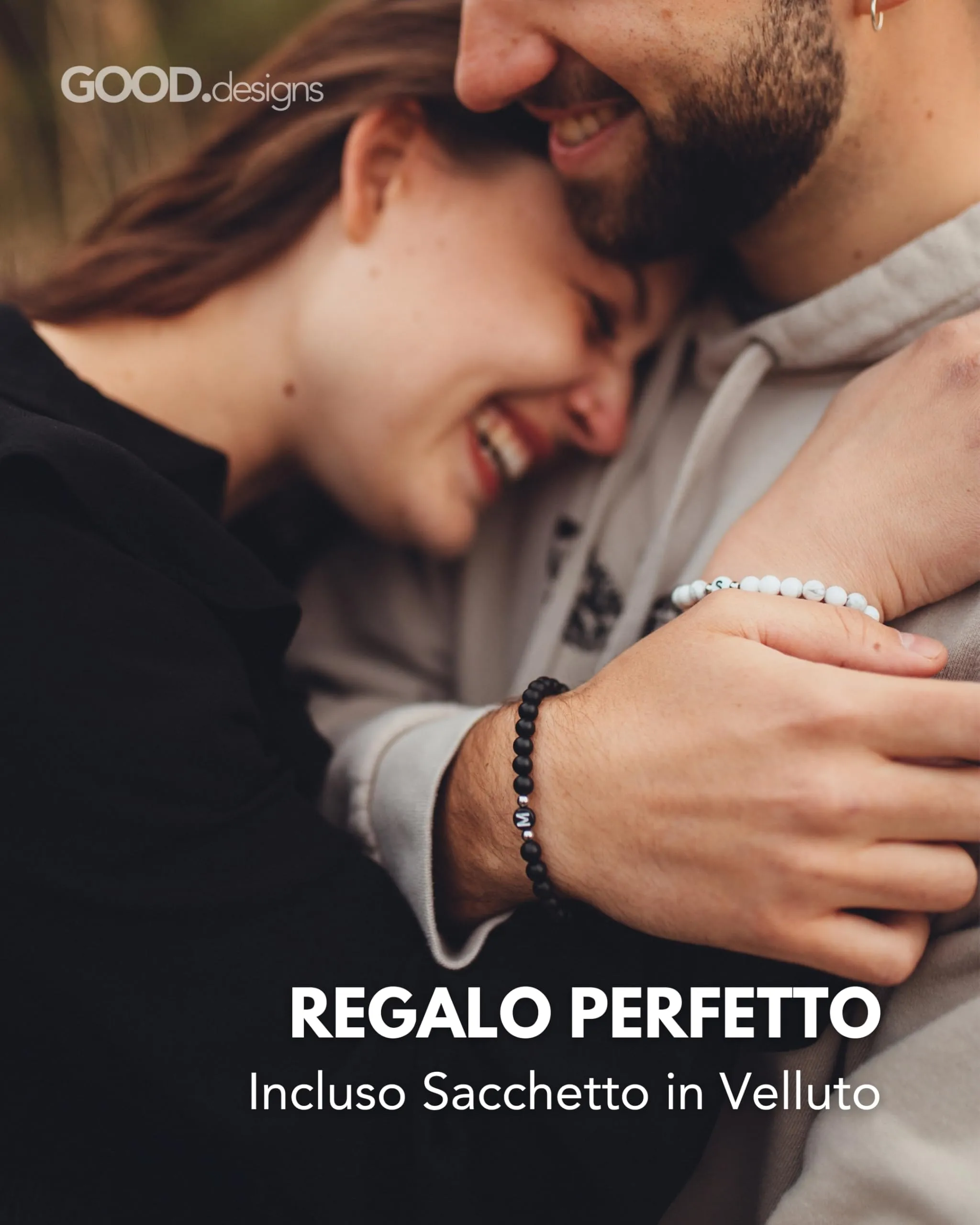 GD GOOD.designs Bracciale con Iniziale M, Perline in Onice Nero per Uomo e Donna - immagine 4