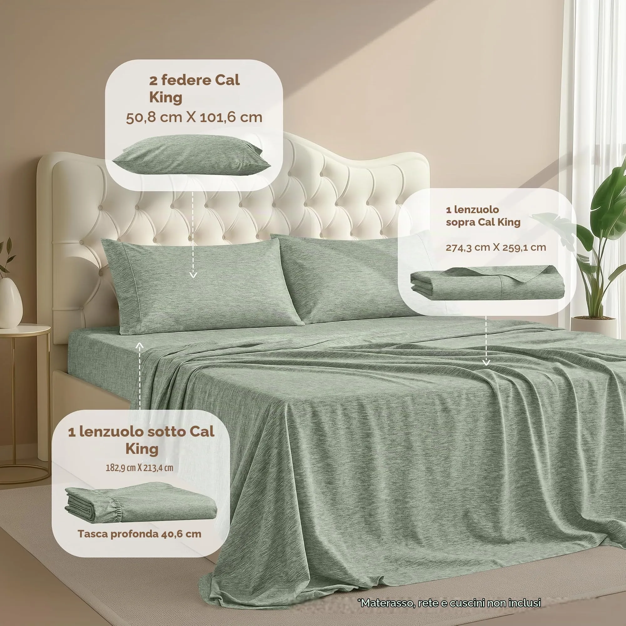 Utopia Bedding Set di lenzuola in microfibra, 4 pezzi, California King, Salvia Erica - immagine 2
