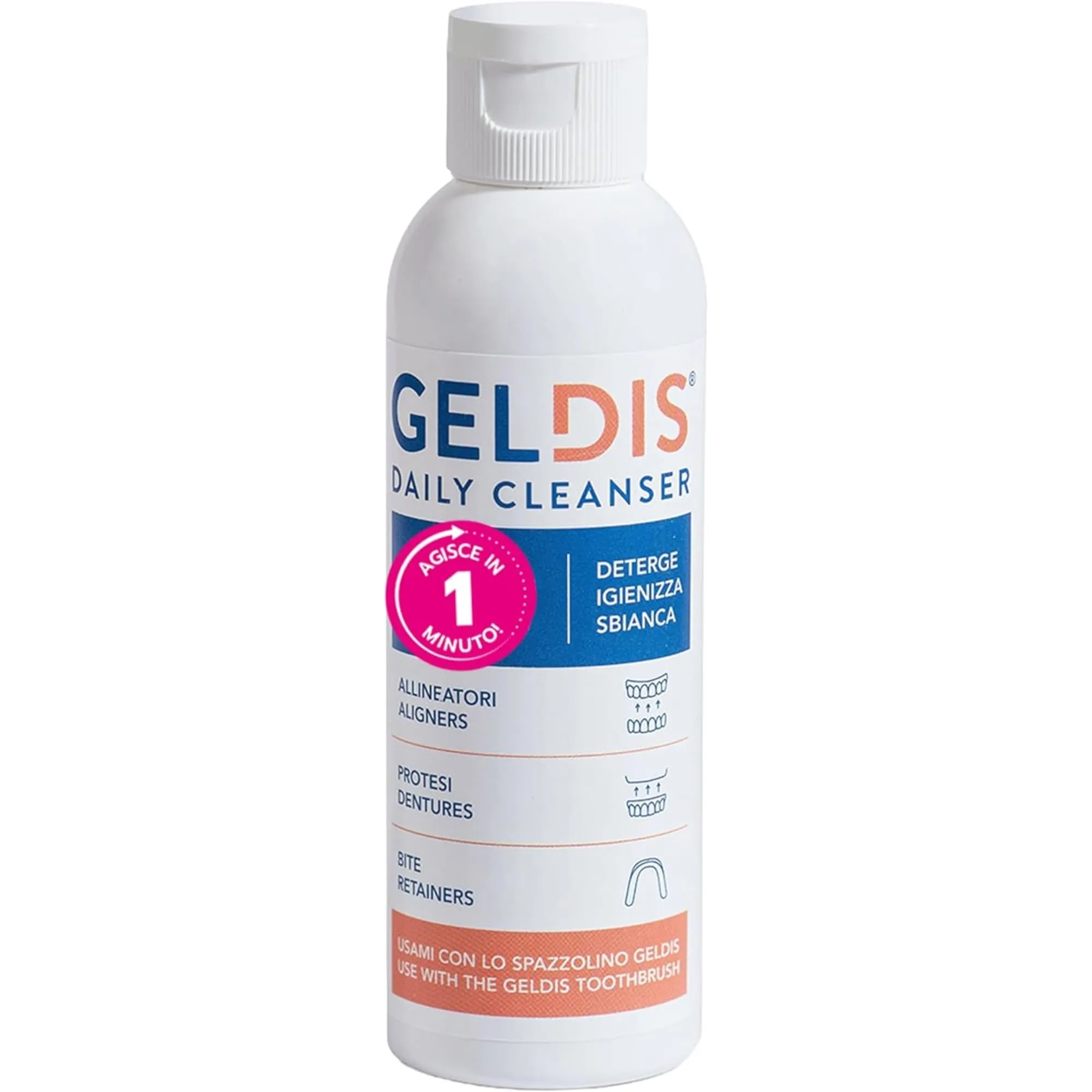 GELDIS Daily Cleanser Gel Detergente Igienizzante e Sbiancante per Mascherine Trasparenti Apparecchi Ortodontici Protesi Dentarie e Bite, 100 ml - immagine 1