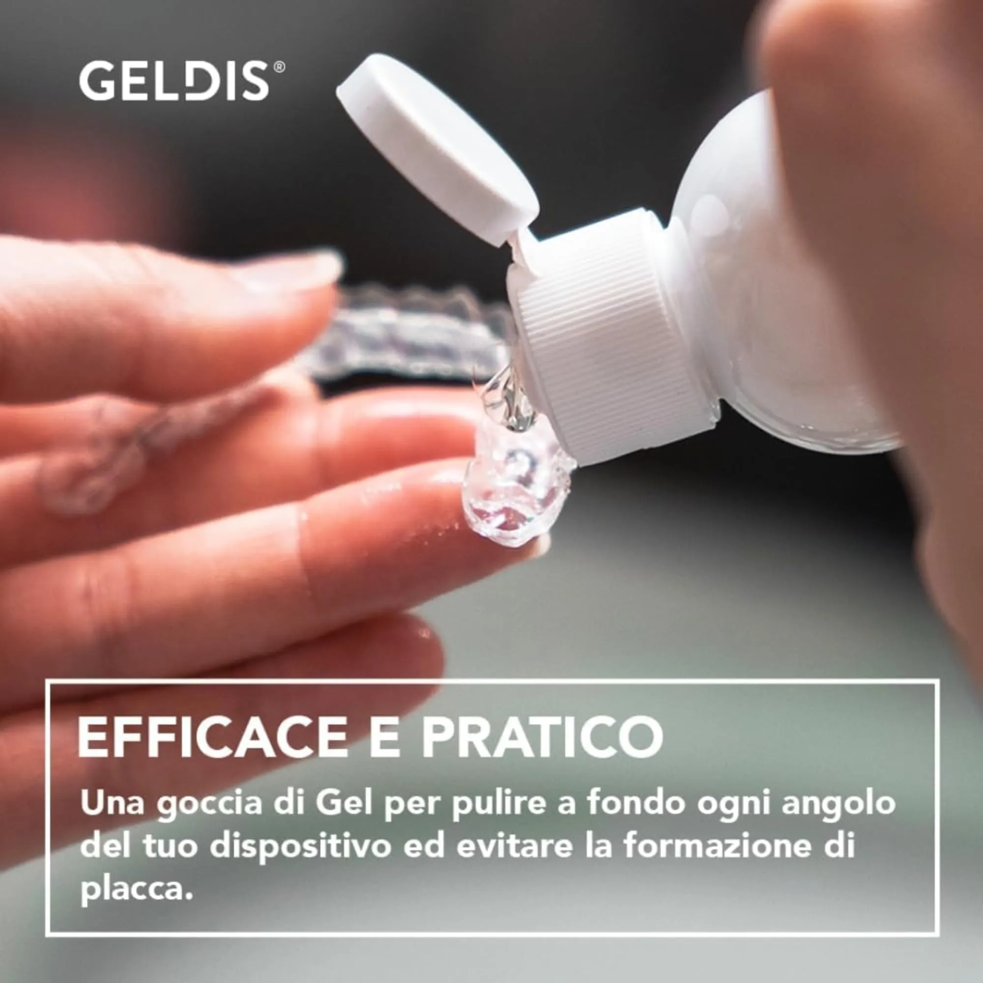 GELDIS Daily Cleanser Gel Detergente Igienizzante e Sbiancante per Mascherine Trasparenti Apparecchi Ortodontici Protesi Dentarie e Bite, 100 ml - immagine 2