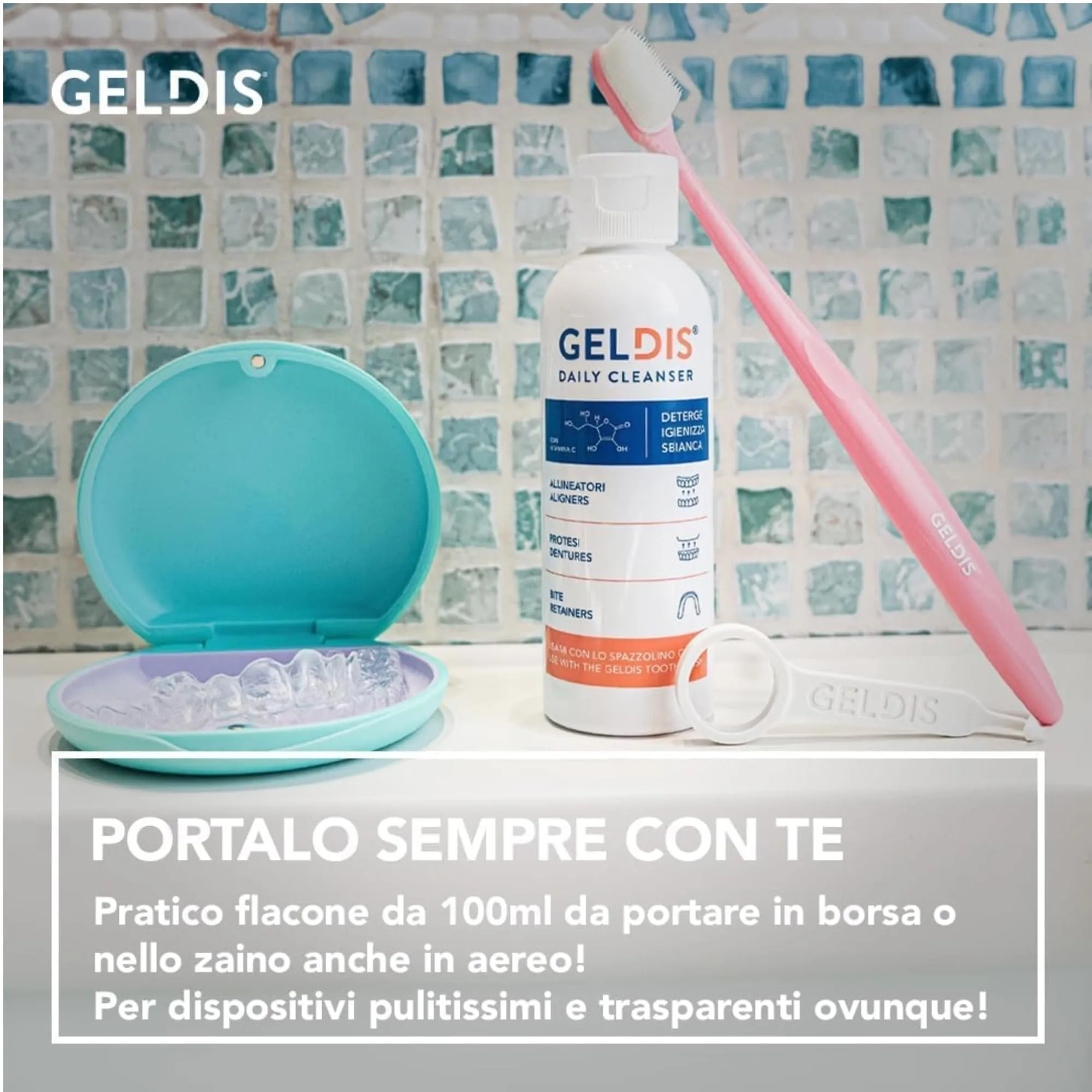 GELDIS Daily Cleanser Gel Detergente Igienizzante e Sbiancante per Mascherine Trasparenti Apparecchi Ortodontici Protesi Dentarie e Bite, 100 ml - immagine 4
