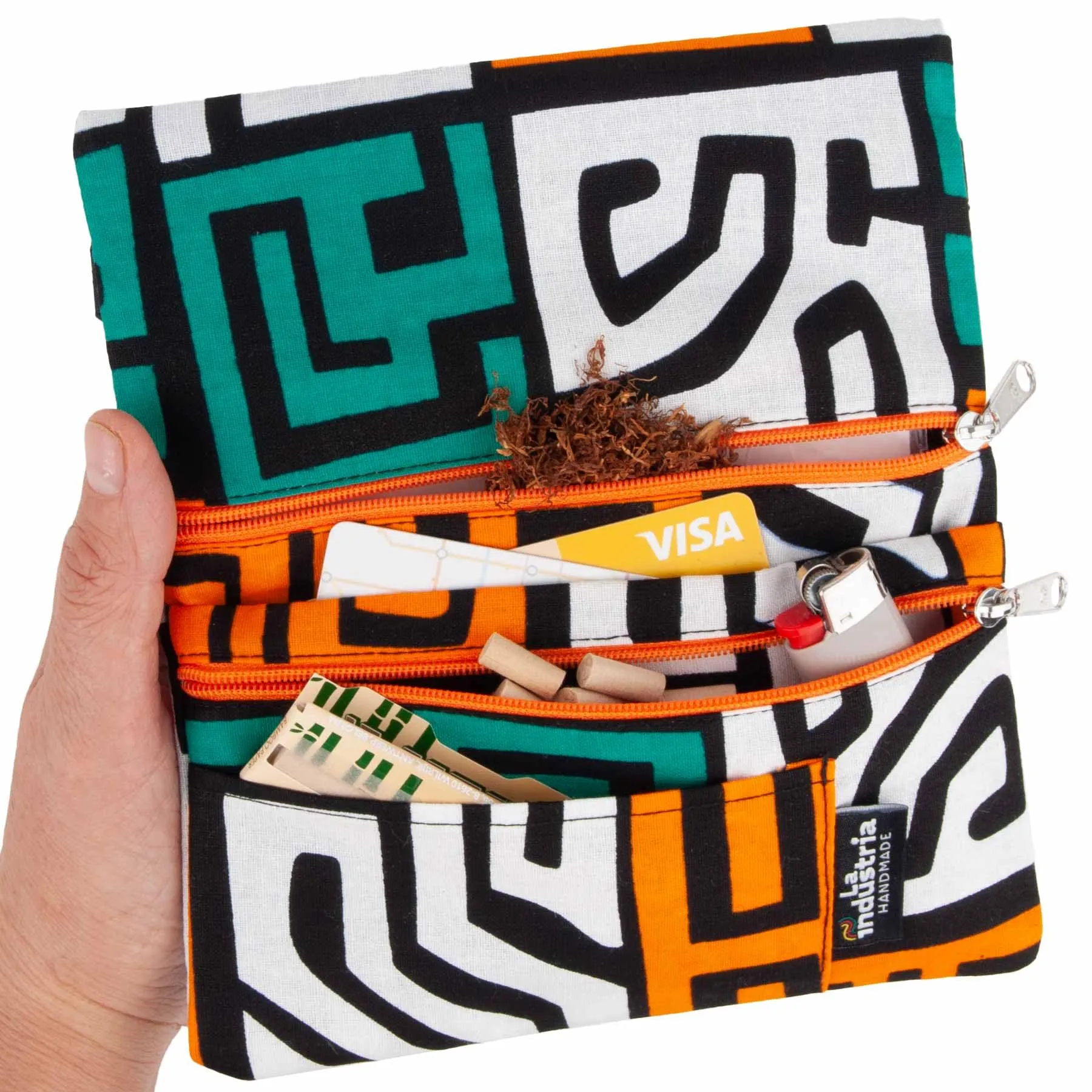 La Industria HANDMADE Porta Tabacco e Portafoglio Compatto con Doppia Cerniera, Fantasia Africana (Blocks) - immagine 1