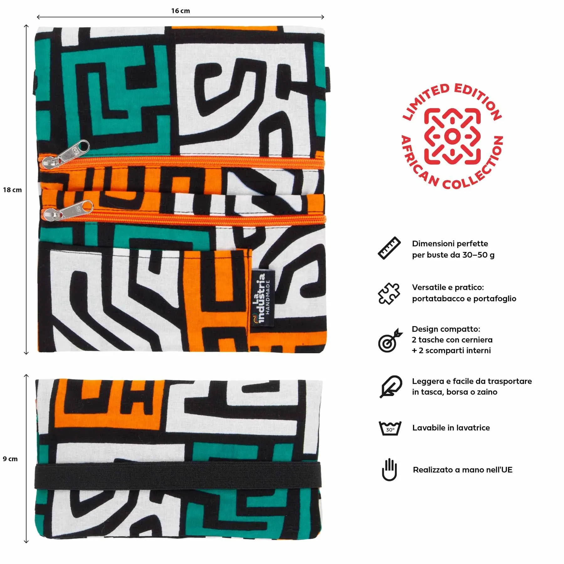 La Industria HANDMADE Porta Tabacco e Portafoglio Compatto con Doppia Cerniera, Fantasia Africana (Blocks) - immagine 2