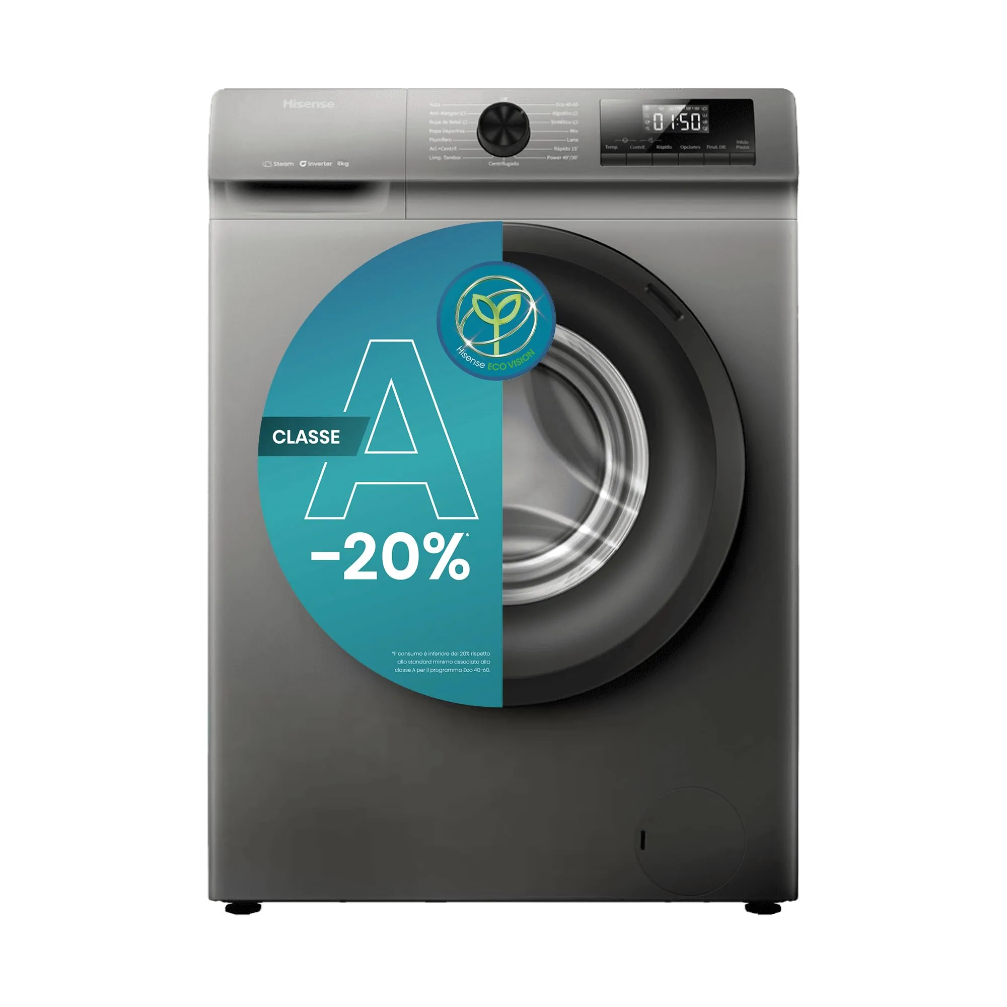 Hisense WF1Q8041BT Lavatrice 8 kg Classe A-20% Steam Wash Motore Inverter - immagine 1