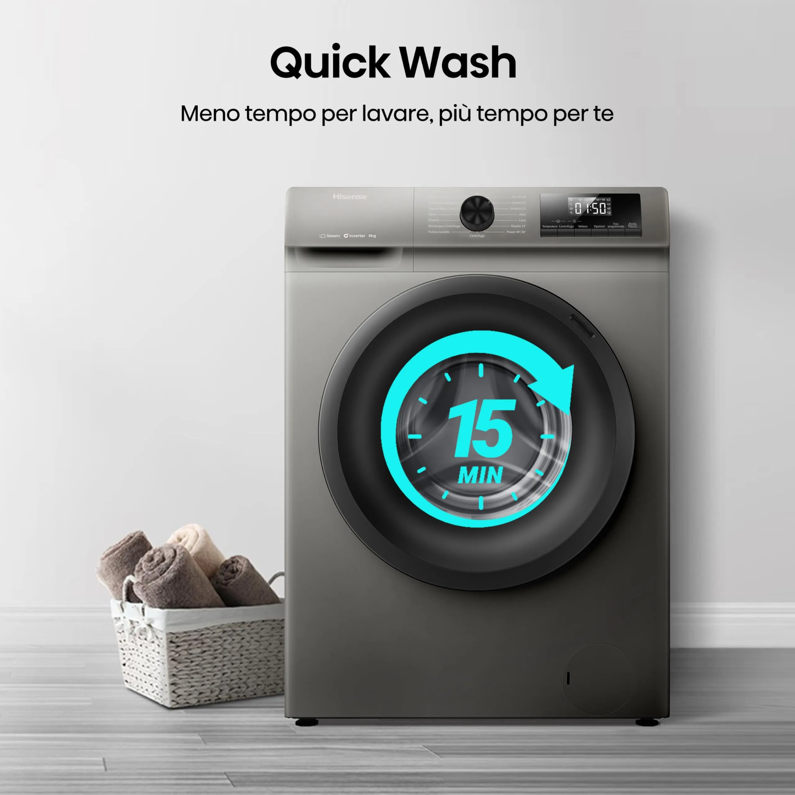 Hisense WF1Q8041BT Lavatrice 8 kg Classe A-20% Steam Wash Motore Inverter - immagine 6