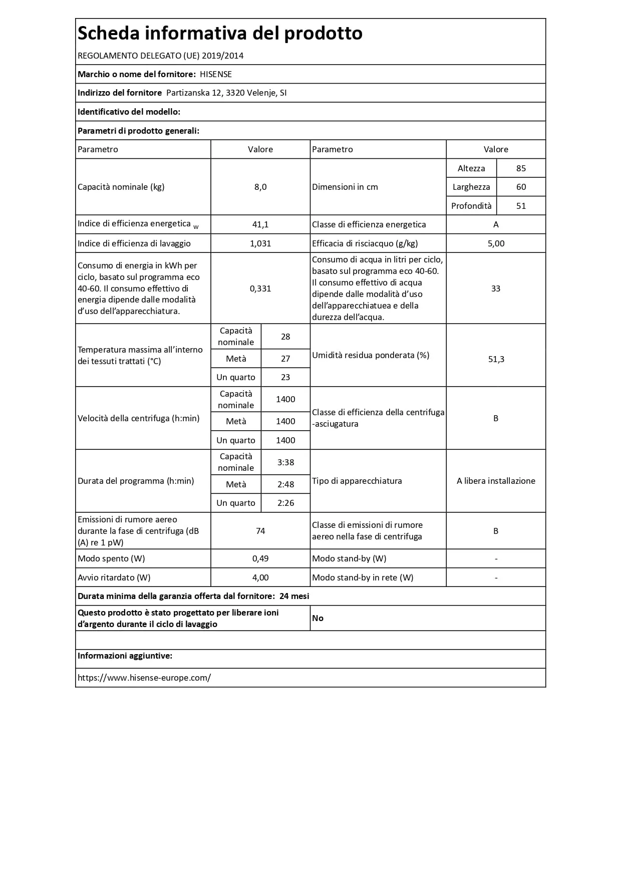 Hisense WF1Q8041BT Lavatrice 8 kg Classe A-20% Steam Wash Motore Inverter - immagine 13
