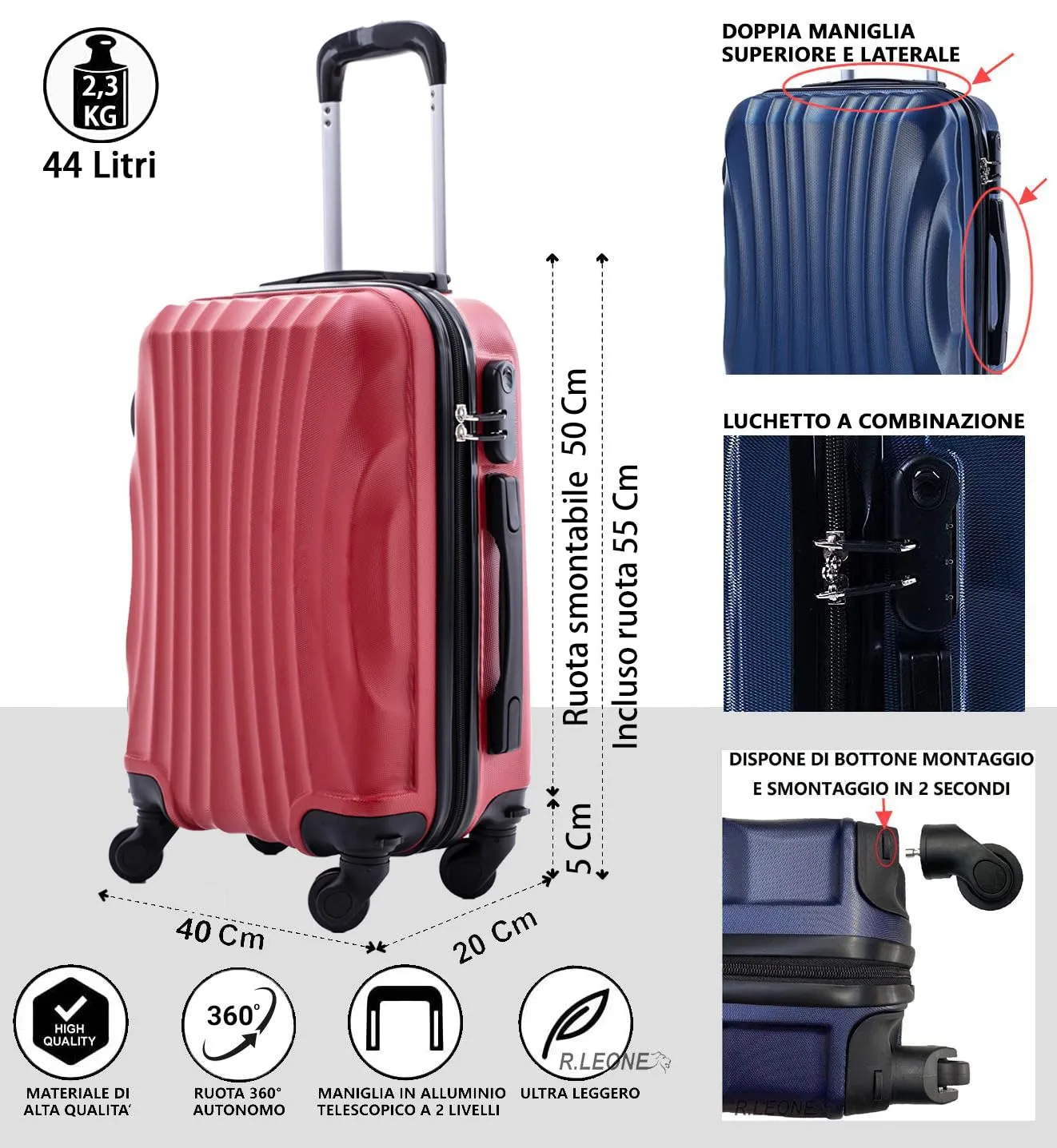 R.Leone Ryanair Trolley Bagaglio a Mano 55x40x20 cm 4 Ruote Rimovibili in ABS 20373N Rosso - immagine 2