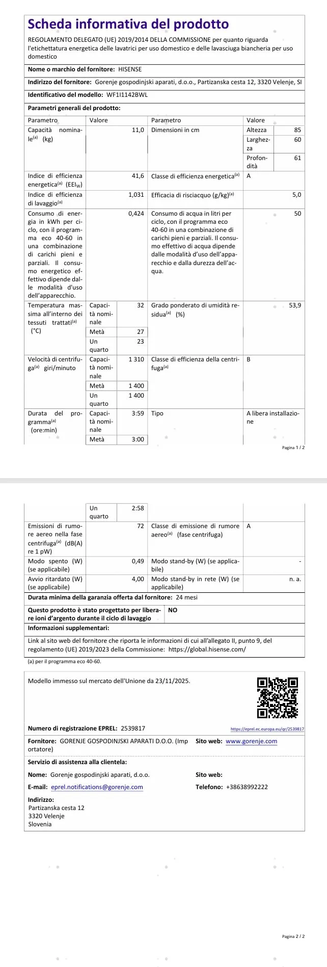 Hisense WF1I1142BWL Lavatrice a Carica Frontale 11kg, 1400 rpm, Classe Energetica A - immagine 13