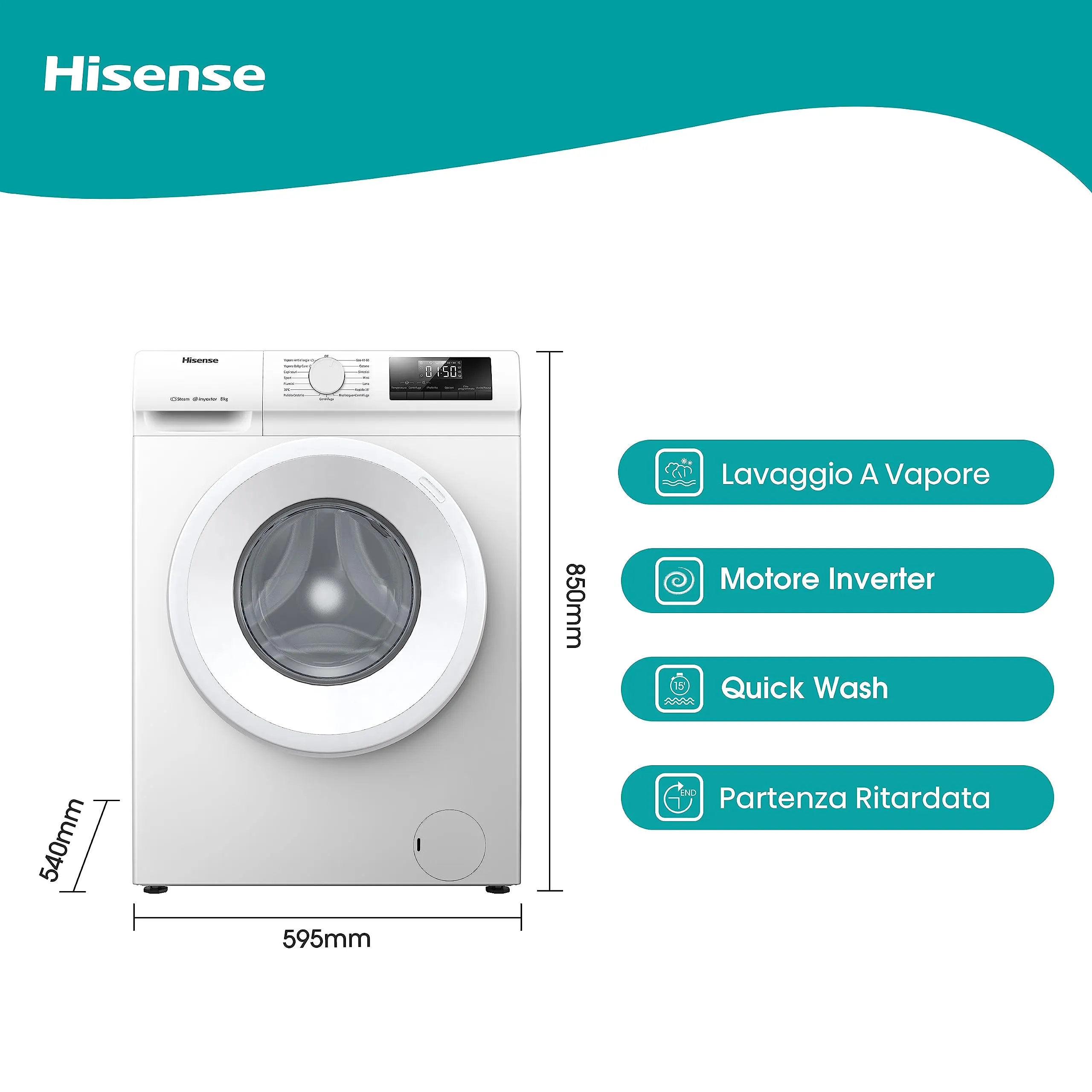 Hisense WFQP801419VM Lavatrice a Carica Frontale 8 Kg con Vapore e Motore Inverter, Bianco - immagine 2