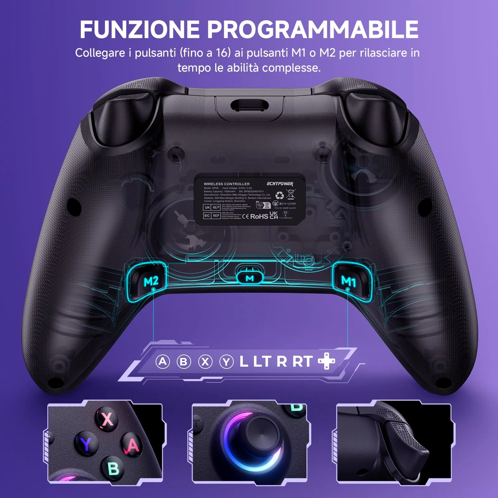 ECHTPower Wireless Pro Controller for Switch, Switch OLED, Switch Lite, PC, Android and iOS, Hall Effect Triggers, 1000mAh Battery, Gyroscope, Turbo, Vibration, SP06BK - immagine 7