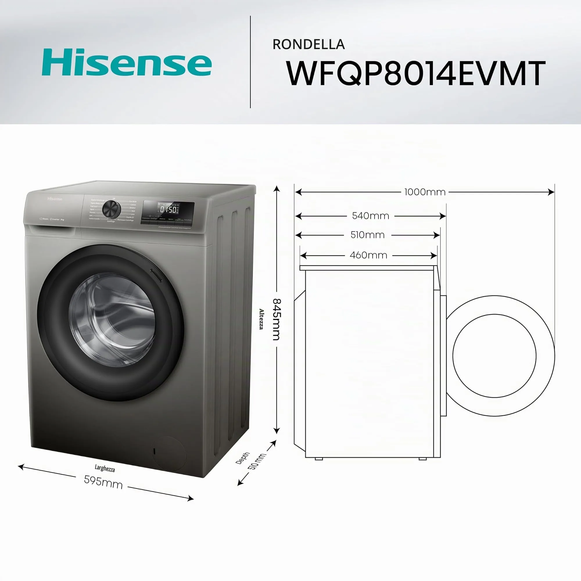 Hisense WFQP8014EVMT Lavatrice a Carica Frontale 8 kg, 1400 rpm, Classe A, Titanium Grey - immagine 2