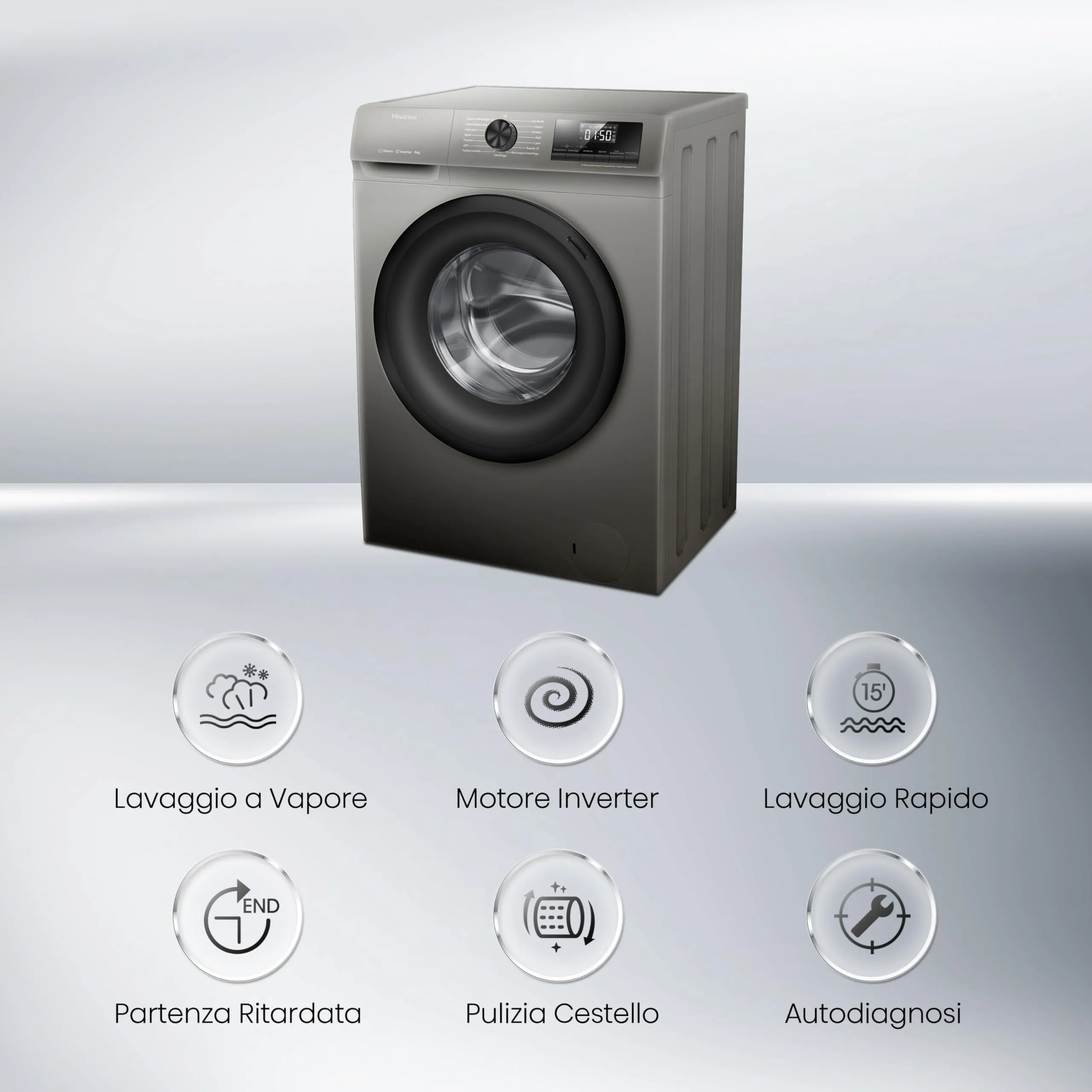 Hisense WFQP8014EVMT Lavatrice a Carica Frontale 8 kg, 1400 rpm, Classe A, Titanium Grey - immagine 3