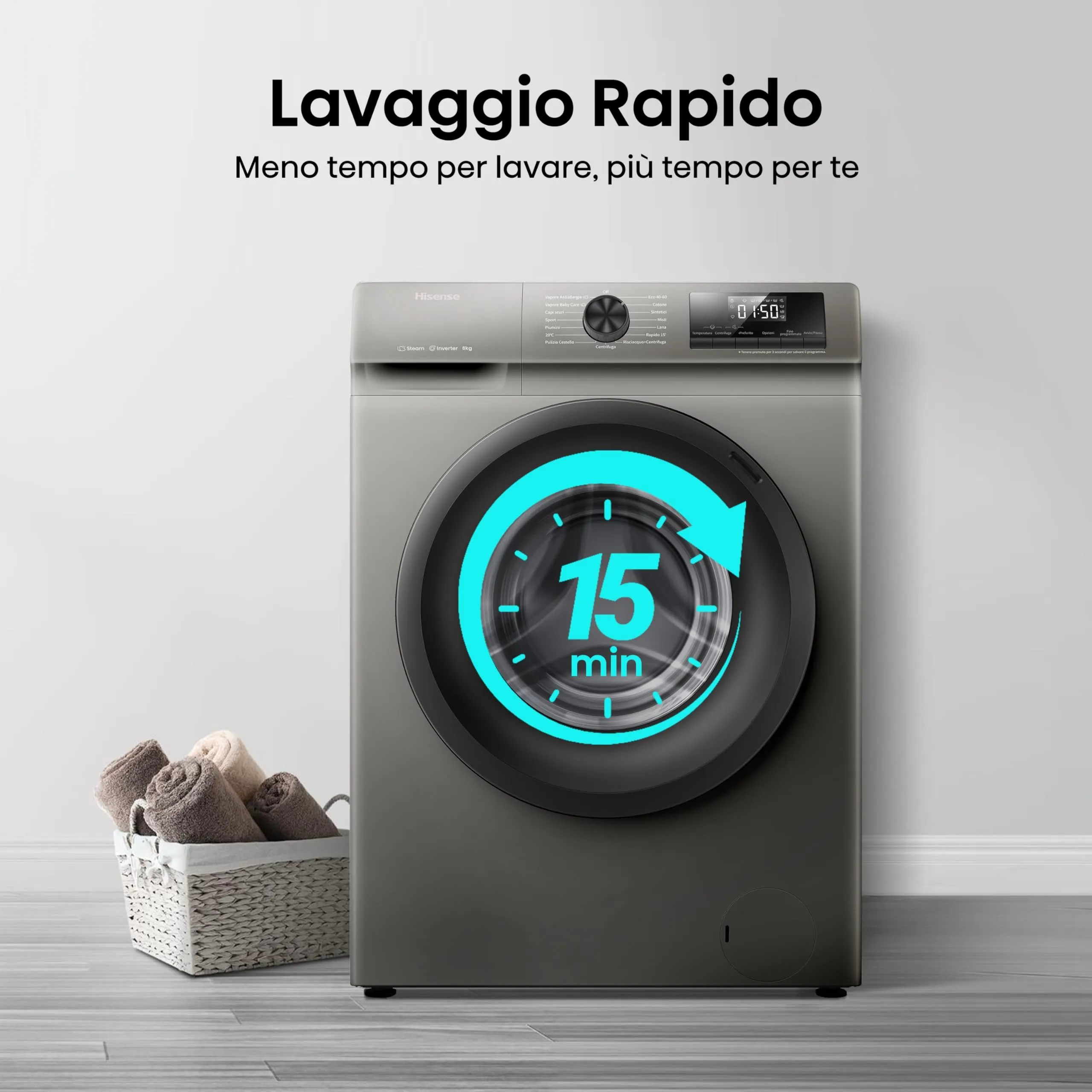 Hisense WFQP8014EVMT Lavatrice a Carica Frontale 8 kg, 1400 rpm, Classe A, Titanium Grey - immagine 5