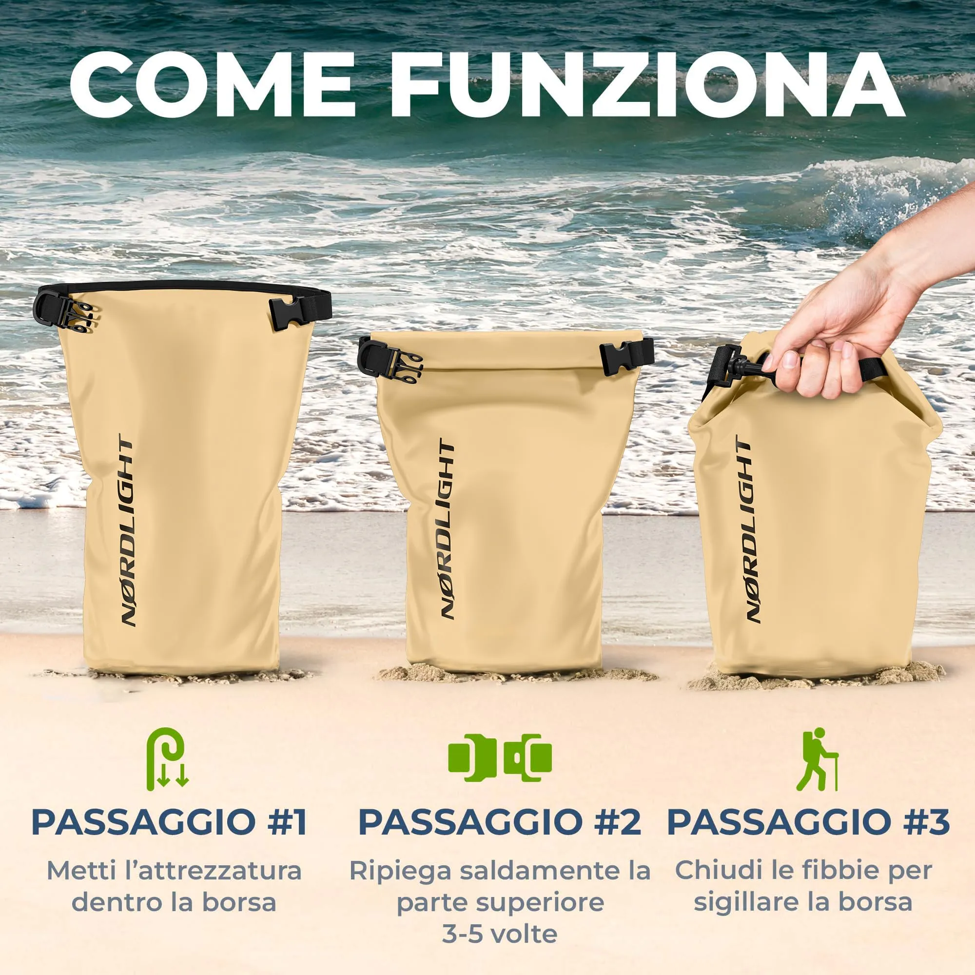 Nordlight Dry Bag Set con Custodia per Cellulare e Marsupio, 20L, Beige - immagine 8