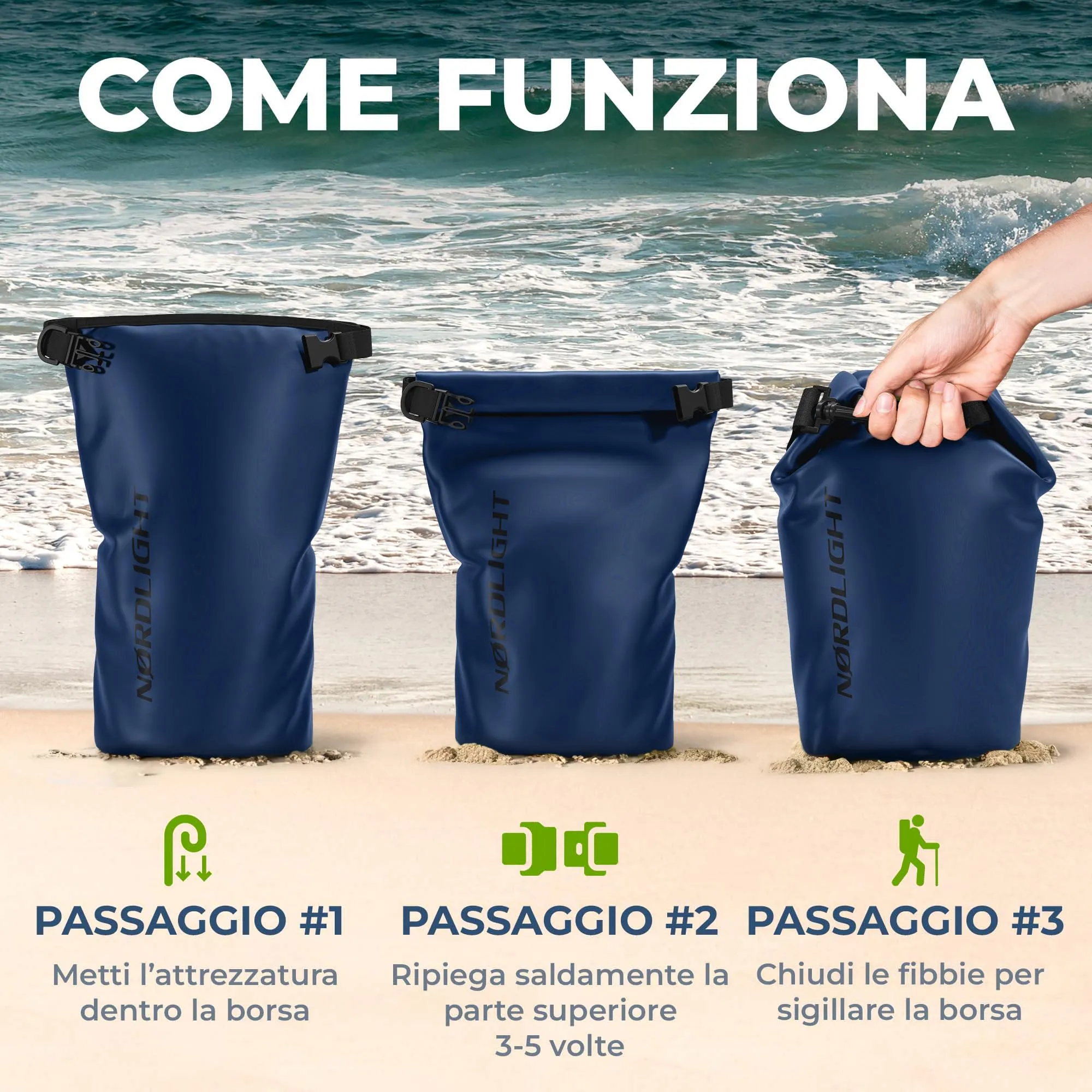 Nordlight Dry Bag Sacca Impermeabile 15L, Blu Navy - immagine 7