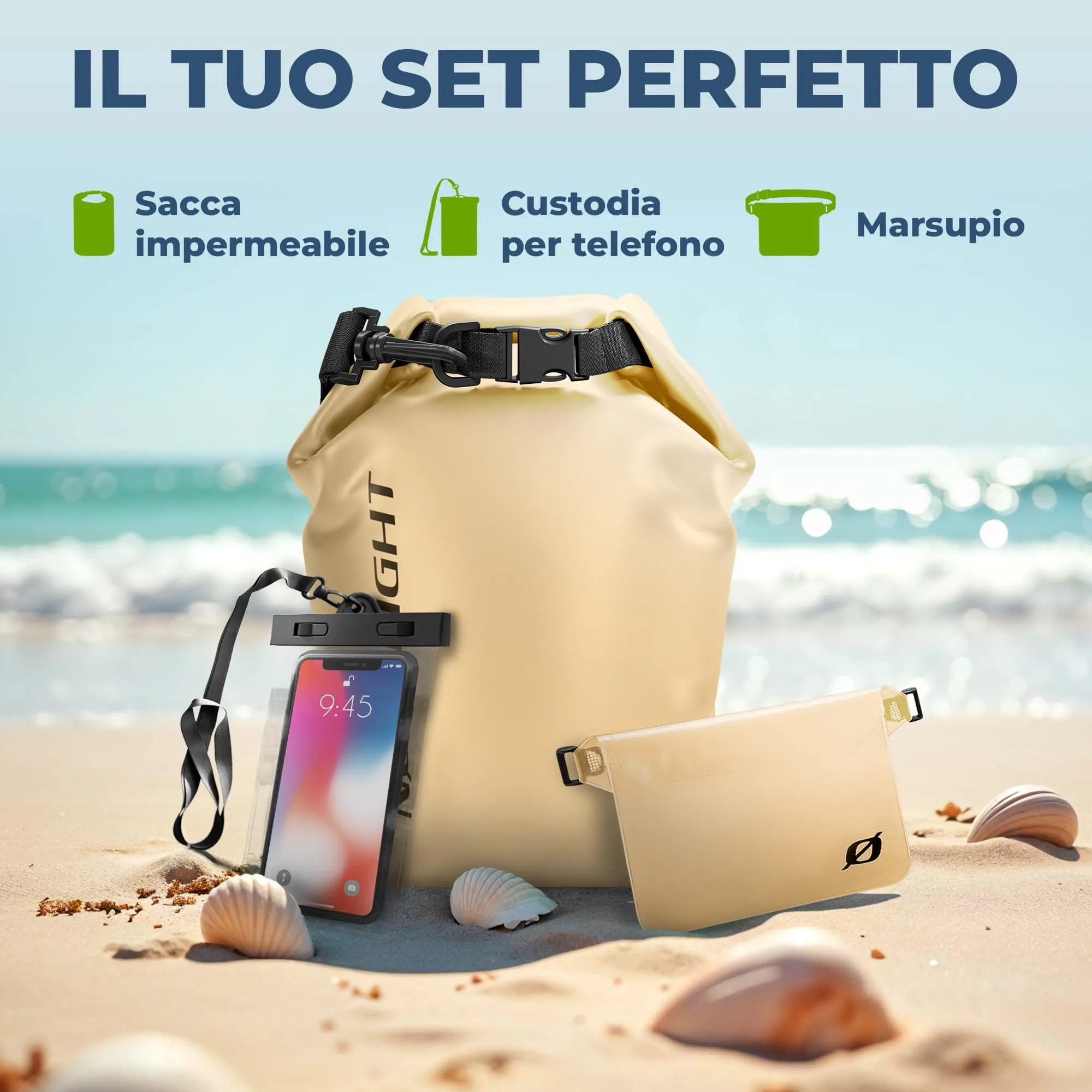 Nordlight Dry Bag Set con Custodia per Cellulare e Marsupio, 10L, Beige - immagine 2