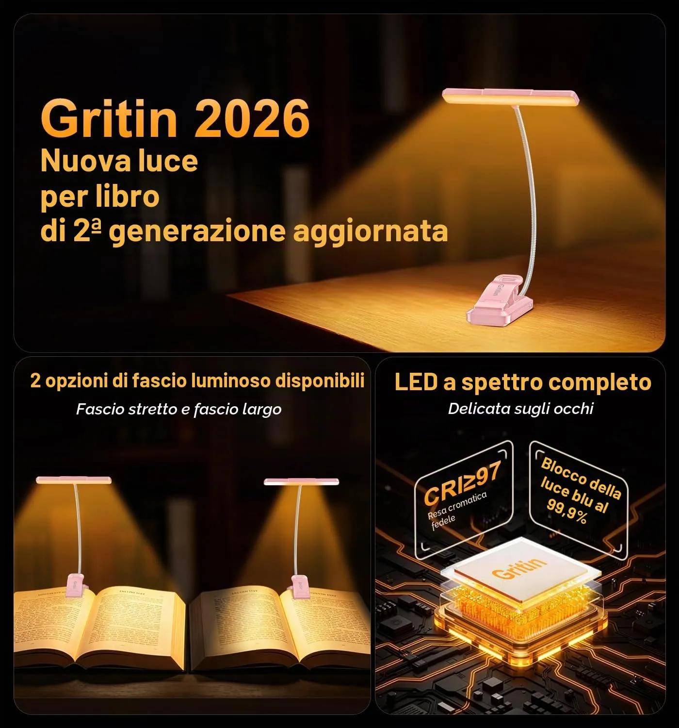 Gritin 2026 2a Gen Luce per Lettura con 32 LED Spettro Completo - immagine 2
