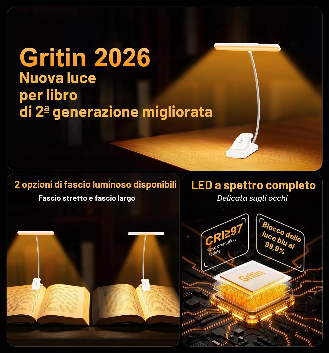 Gritin 2026 2a Gen Luce per Lettura con 32 LED Spettro Completo - immagine 2