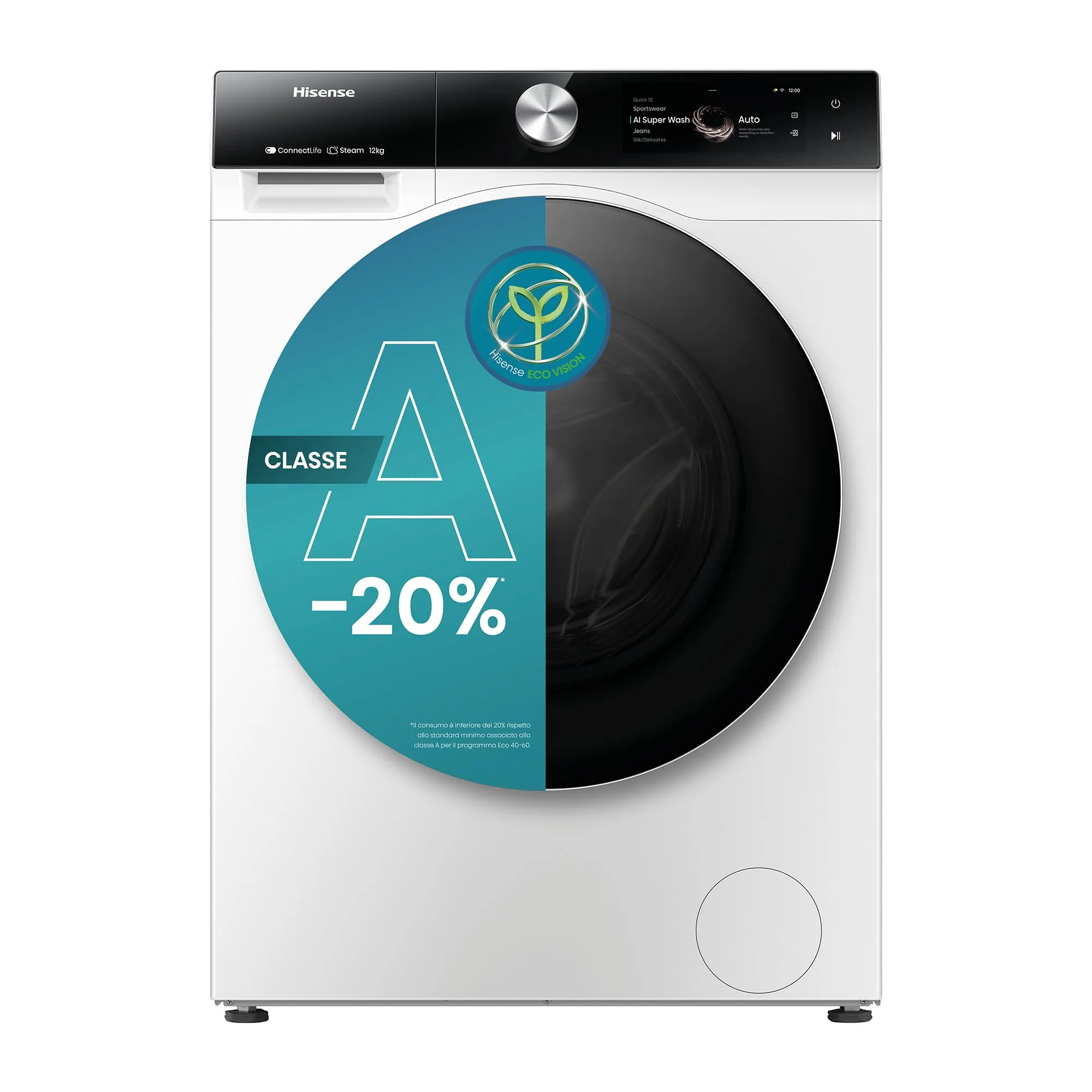 Hisense WF7S1247BW Lavatrice a Carica Frontale 12 kg, Classe A-20%, 1400 rpm, Autodose, AI Wash, Vapore - immagine 1