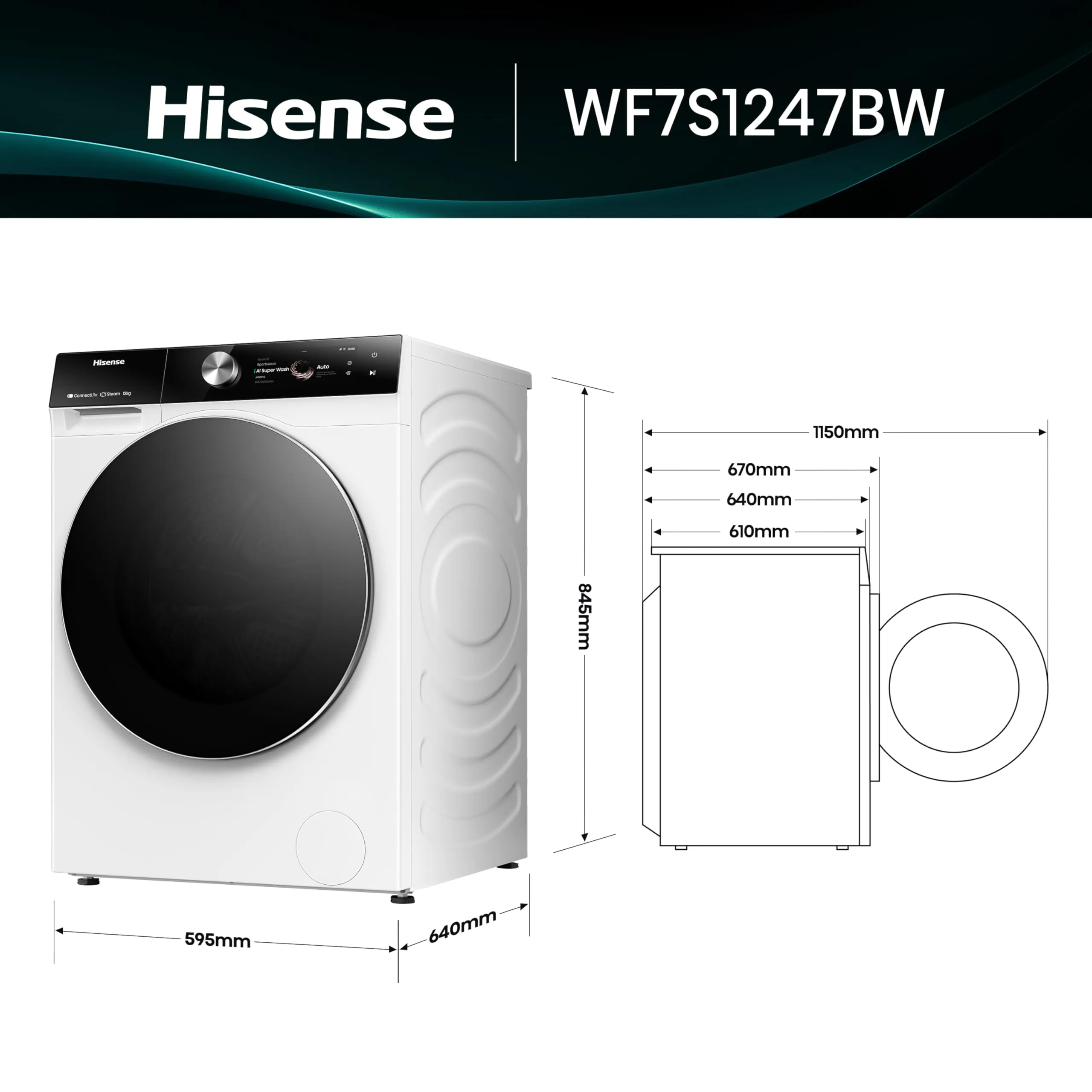Hisense WF7S1247BW Lavatrice a Carica Frontale 12 kg, Classe A-20%, 1400 rpm, Autodose, AI Wash, Vapore - immagine 2