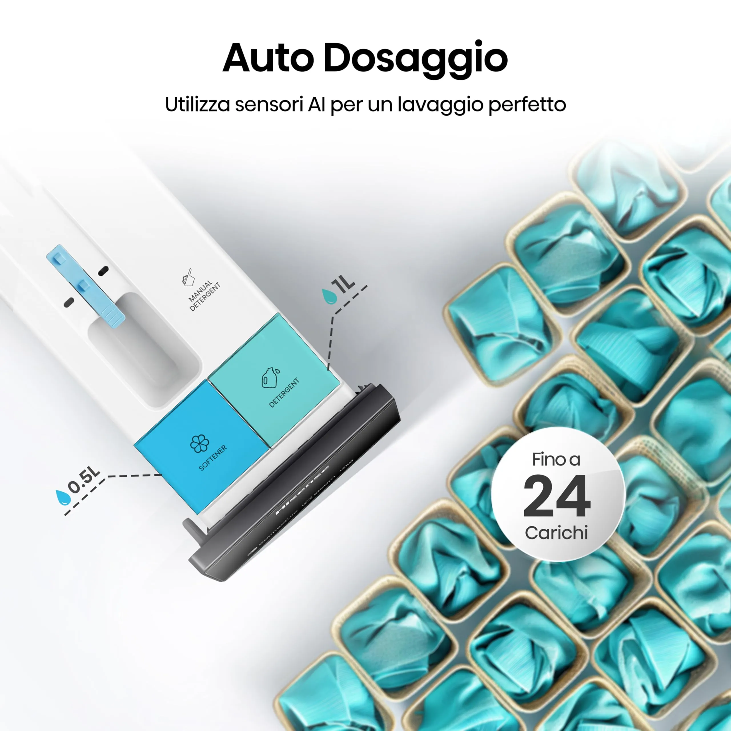 Hisense WF7S1247BW Lavatrice a Carica Frontale 12 kg, Classe A-20%, 1400 rpm, Autodose, AI Wash, Vapore - immagine 5