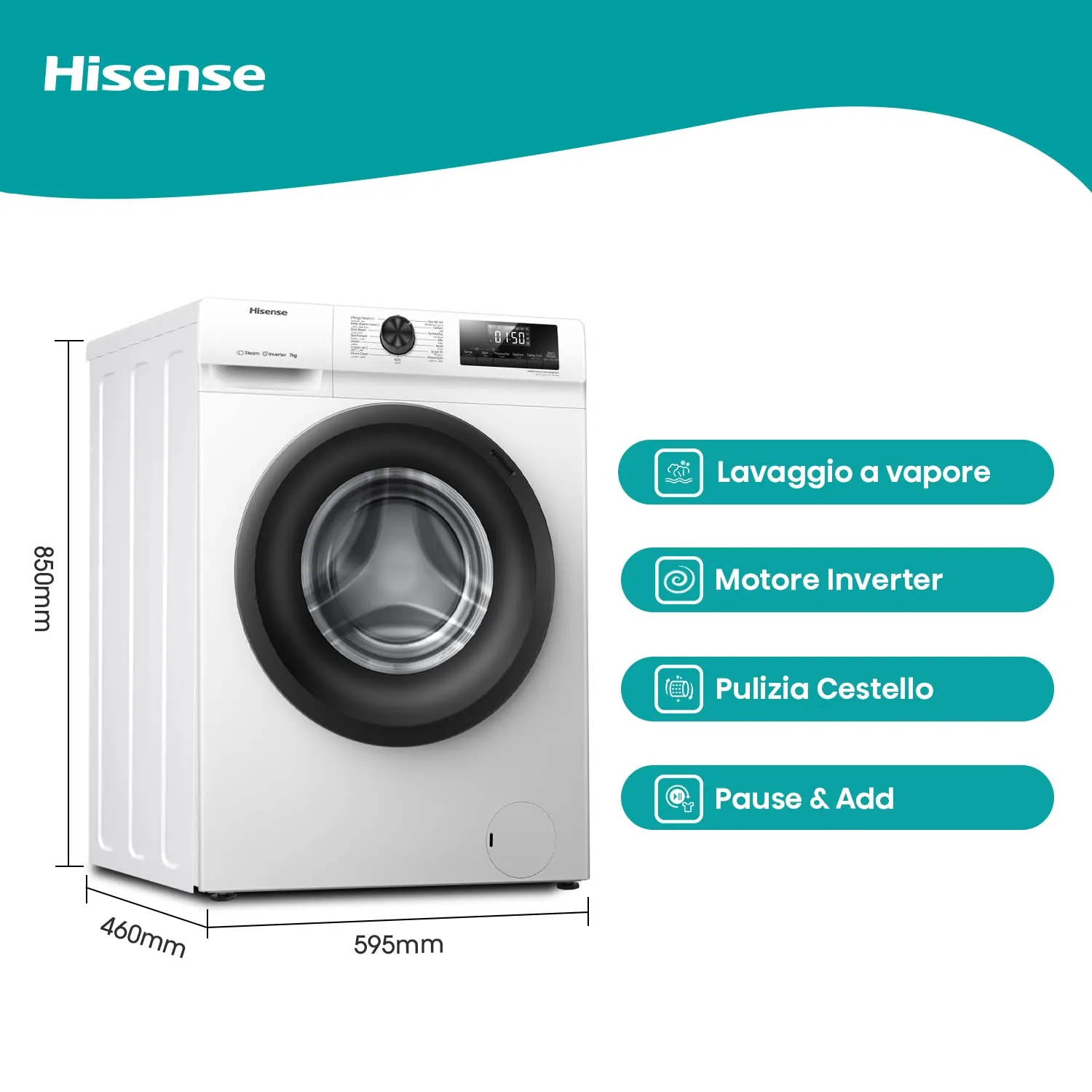 Hisense WFQE7012EVM Lavatrice Slim Carica Frontale, 7kg, Classe A, 1200 giri, Vapore, Motore Inverter - immagine 2