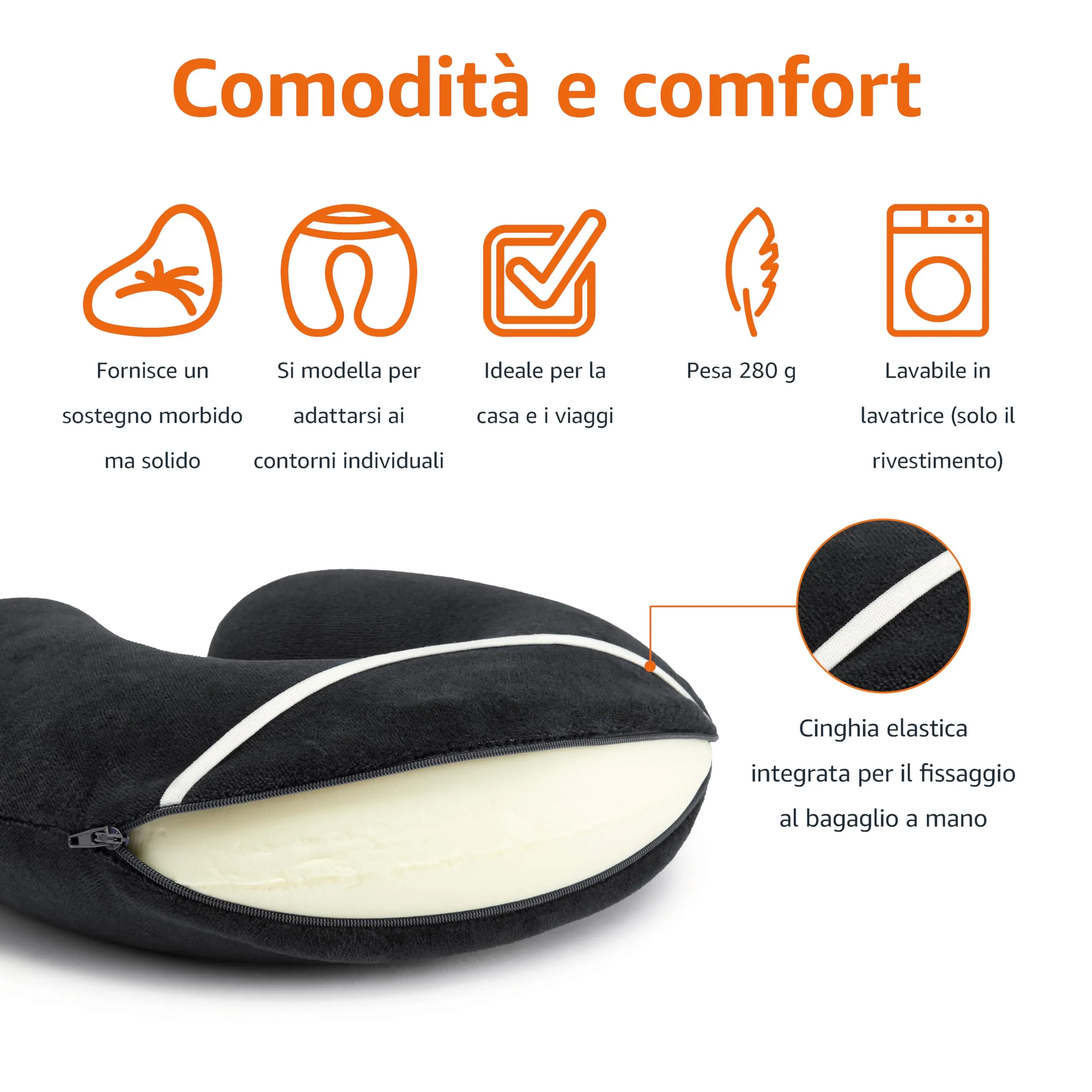 Amazon Basics Cuscino per il collo in memory foam, Nero - immagine 2