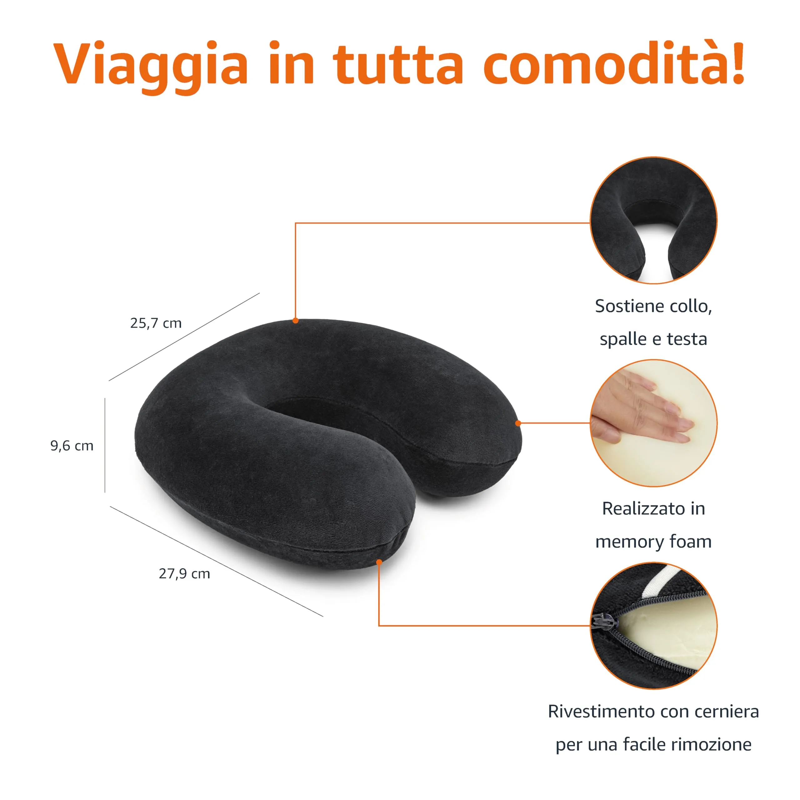 Amazon Basics Cuscino per il collo in memory foam, Nero - immagine 3