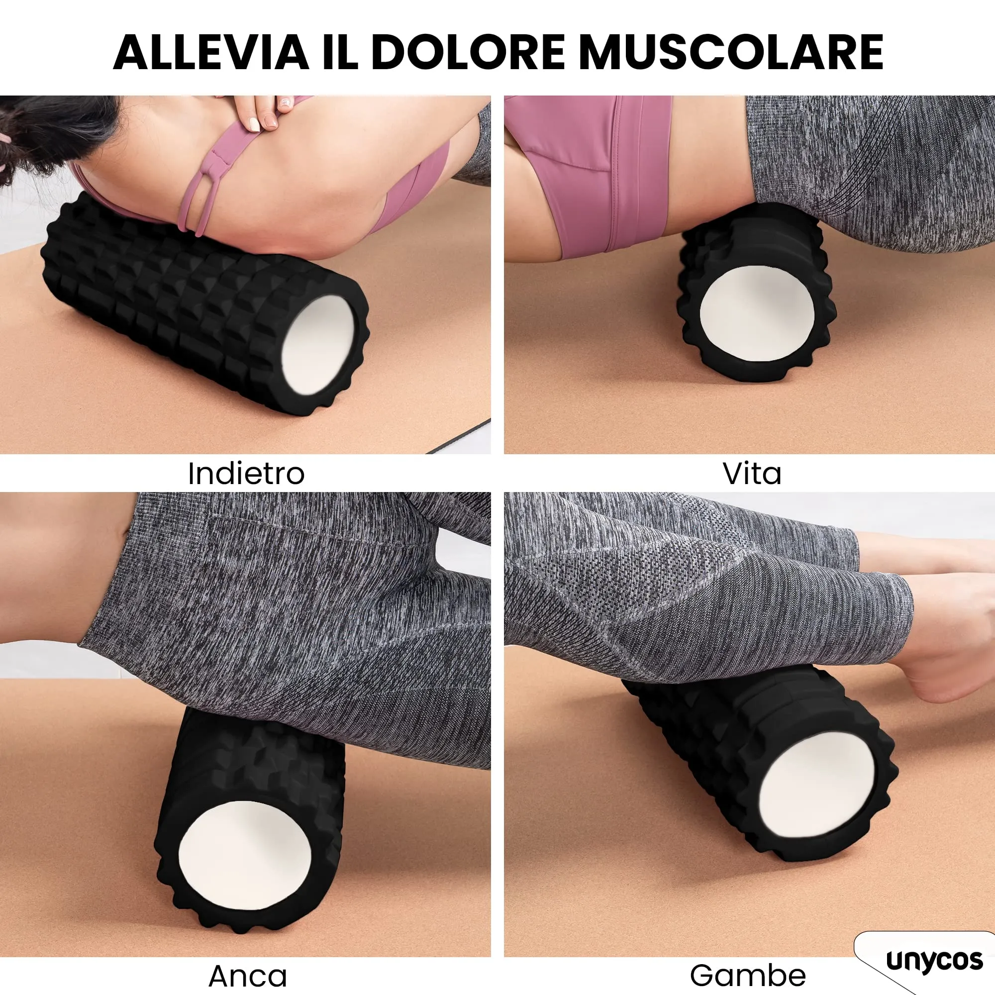 unycos Foam Roller EVA per Massaggio Muscolare, 33x14 cm, Nero - immagine 3