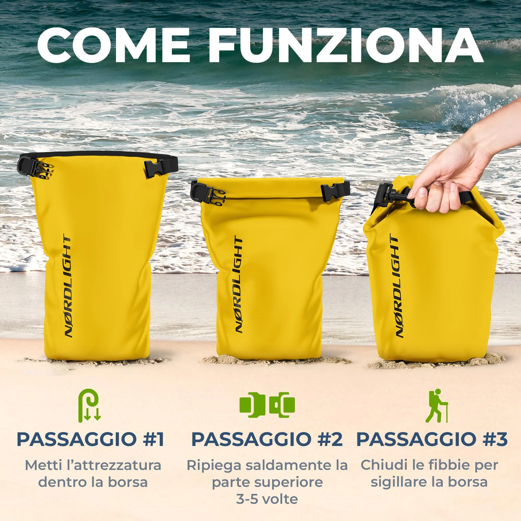 Nordlight Dry Bag Sacca Impermeabile 5L, Giallo - immagine 7
