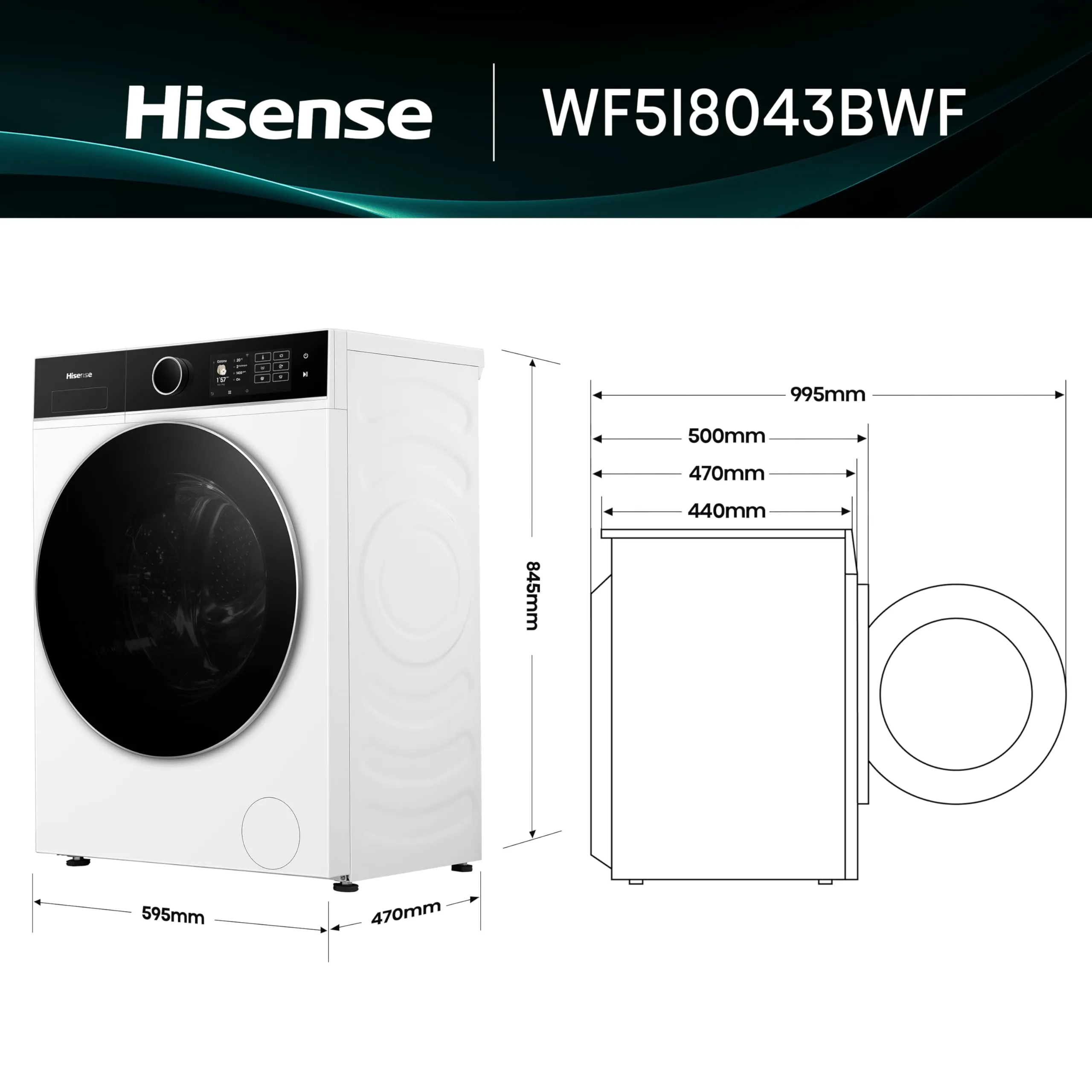 Hisense WF5I8043BWF Lavatrice Slim a Carica Frontale 8 kg, Classe A-30%, 1400 rpm, Vapore, Refresh, Display Touch - immagine 2