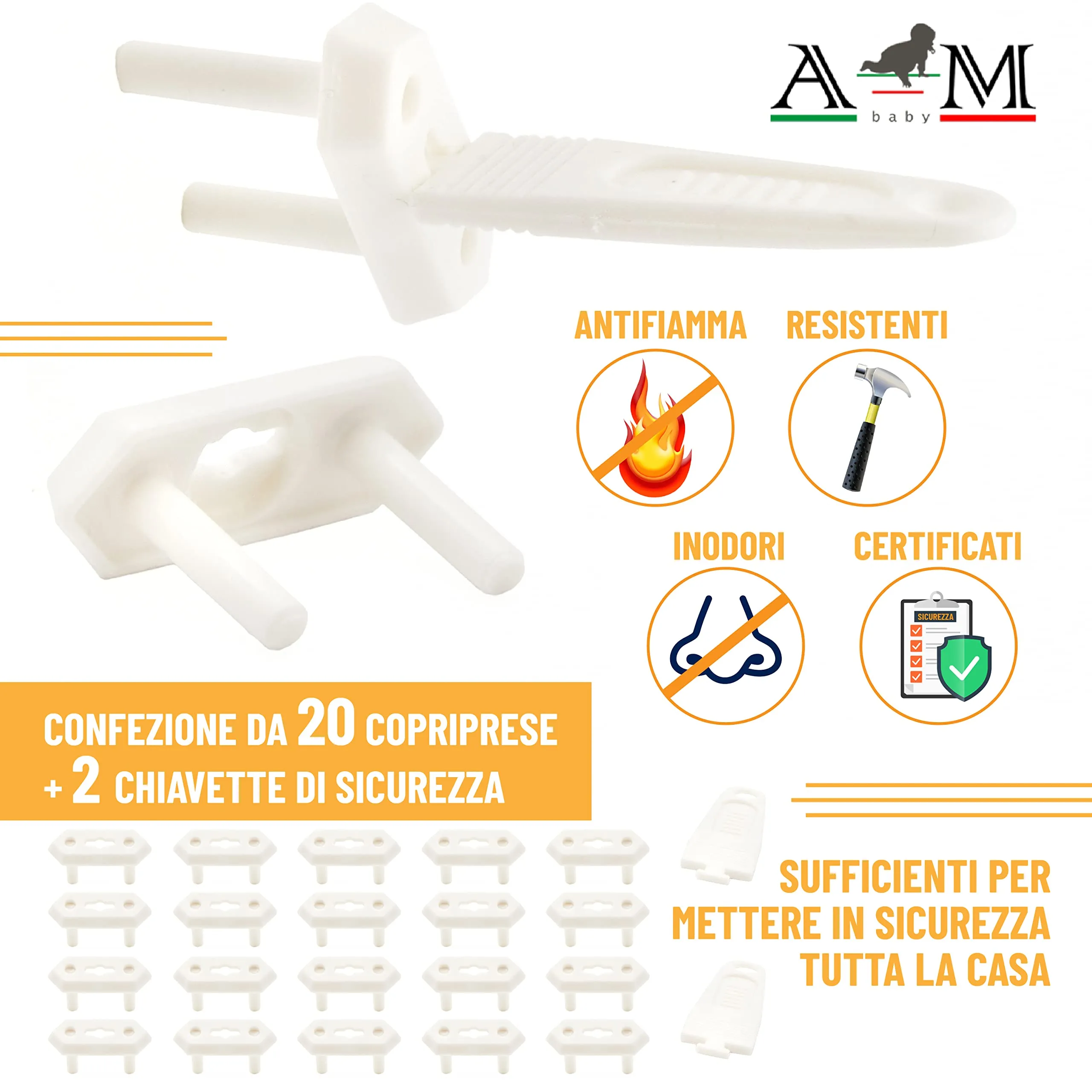 A&M Italia Copriprese per Bambini, 20 Pezzi in ABS Certificato EN-71 con 2 Chiavi - immagine 2
