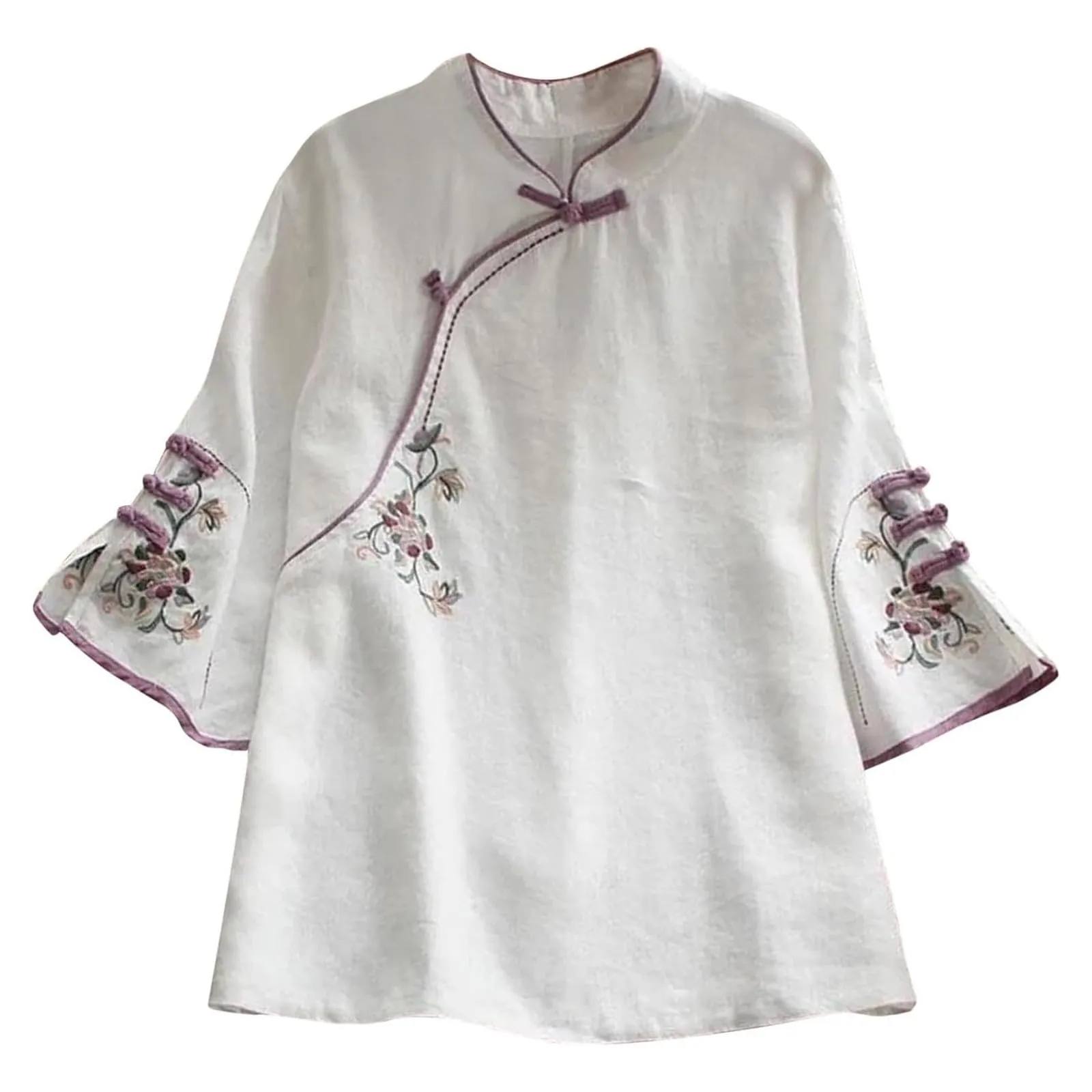 Vhersily Tradizionale Tang Abiti Da Donna Ricamo Qipao Camicie Baggy in Cotone Lino Manica Lunga Colletto Mandarino Cheongsam - immagine 1