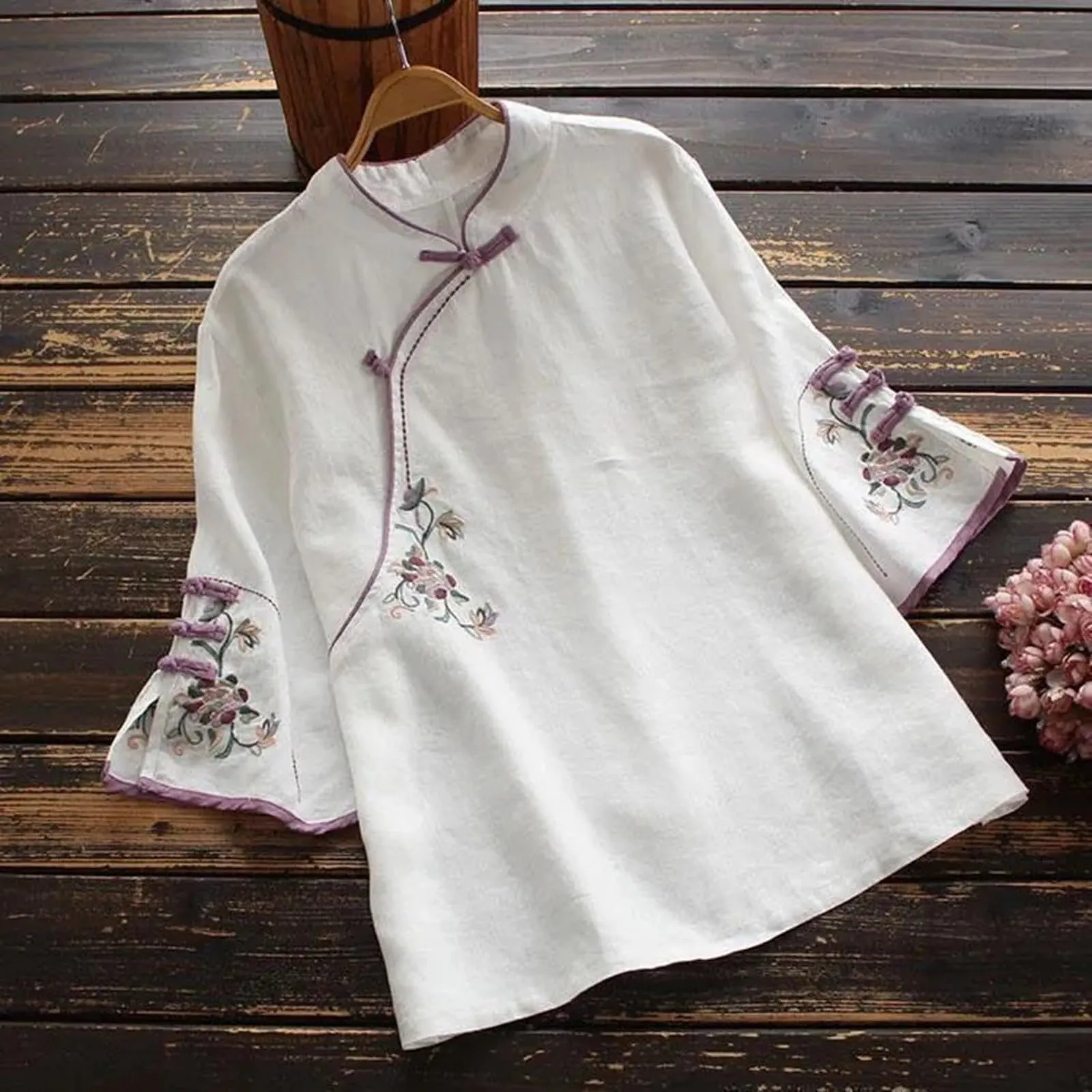 Vhersily Tradizionale Tang Abiti Da Donna Ricamo Qipao Camicie Baggy in Cotone Lino Manica Lunga Colletto Mandarino Cheongsam - immagine 2