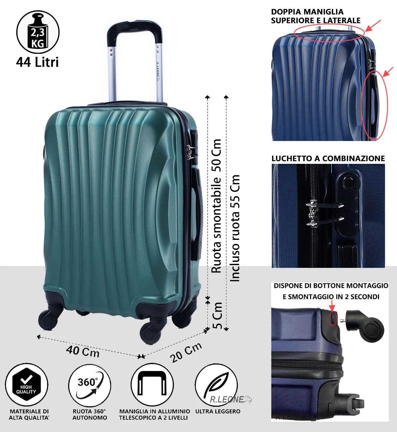 R.Leone Ryanair Trolley Bagaglio a Mano 55x40x20 cm 4 Ruote Rimovibili ABS 20373N Verde Scuro - immagine 2