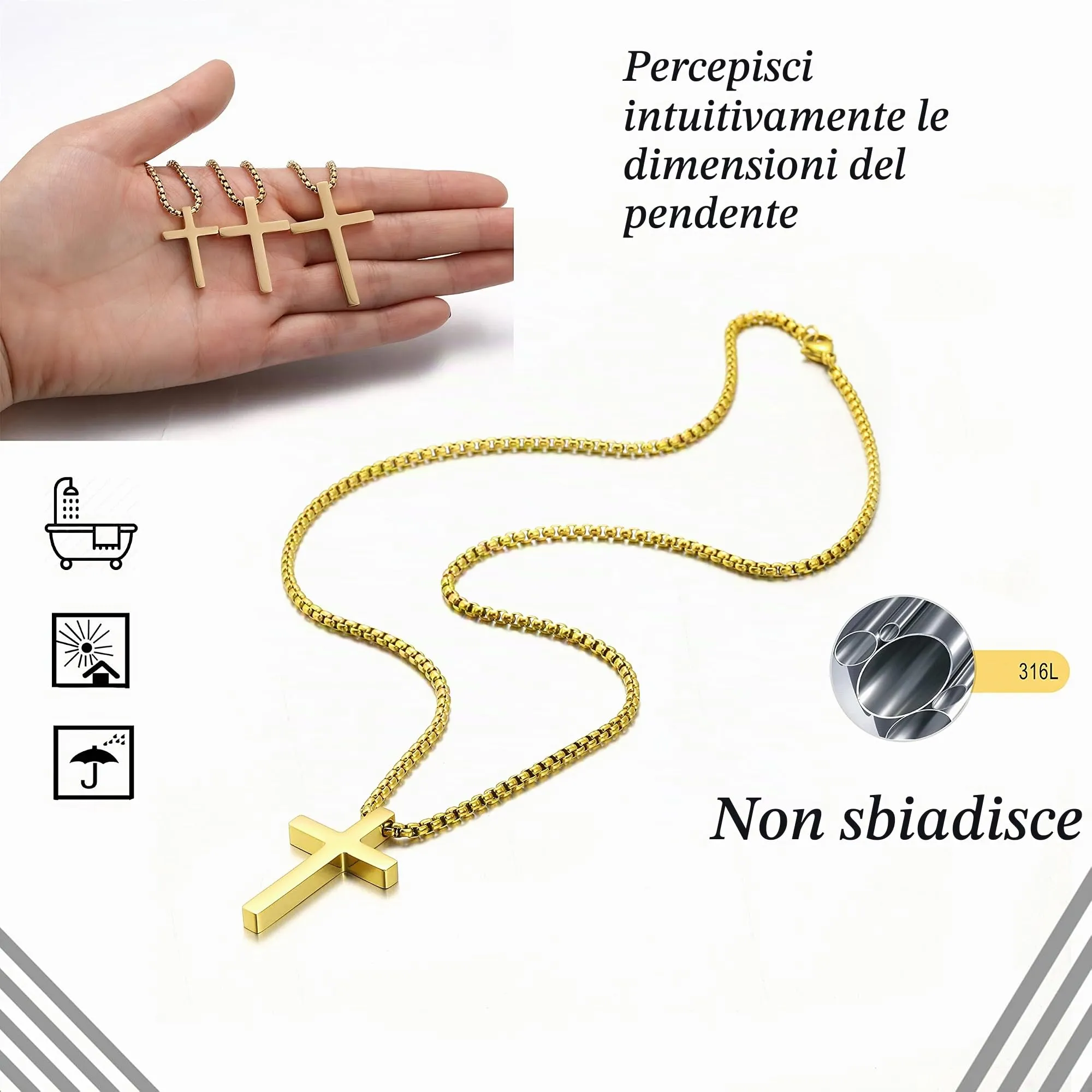 AFSTALR Collana con Croce in Acciaio Inossidabile Oro, 45 cm - immagine 2
