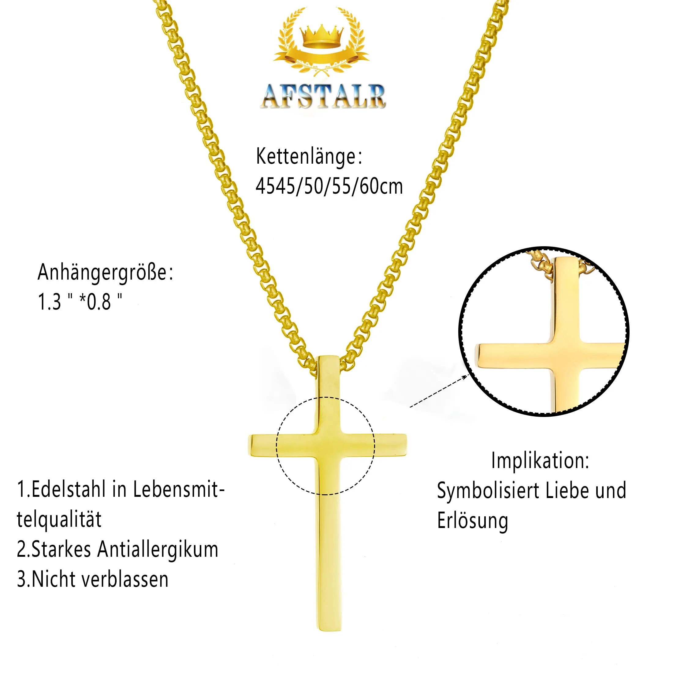 AFSTALR Collana con Croce in Acciaio Inossidabile Oro, 45 cm - immagine 4