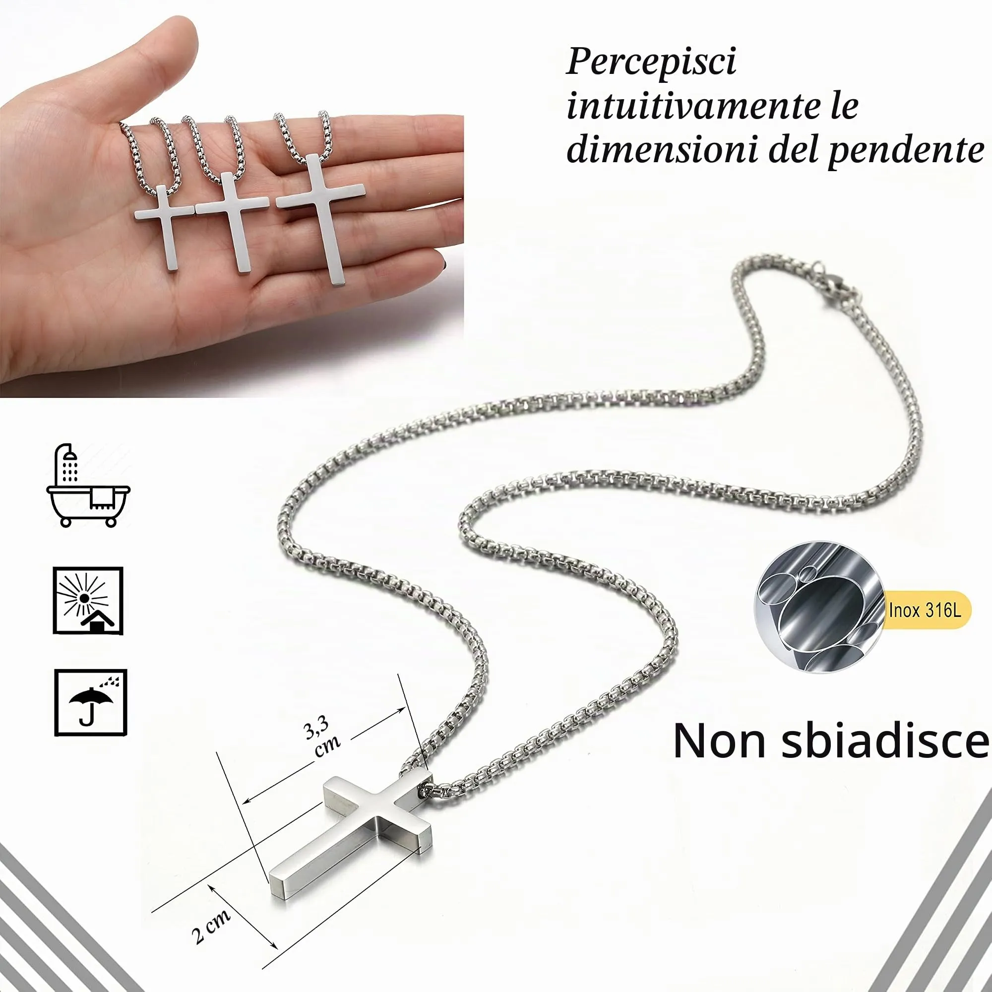 AFSTALR Collana con Croce in Acciaio Inossidabile Argento per Uomo e Donna - immagine 2