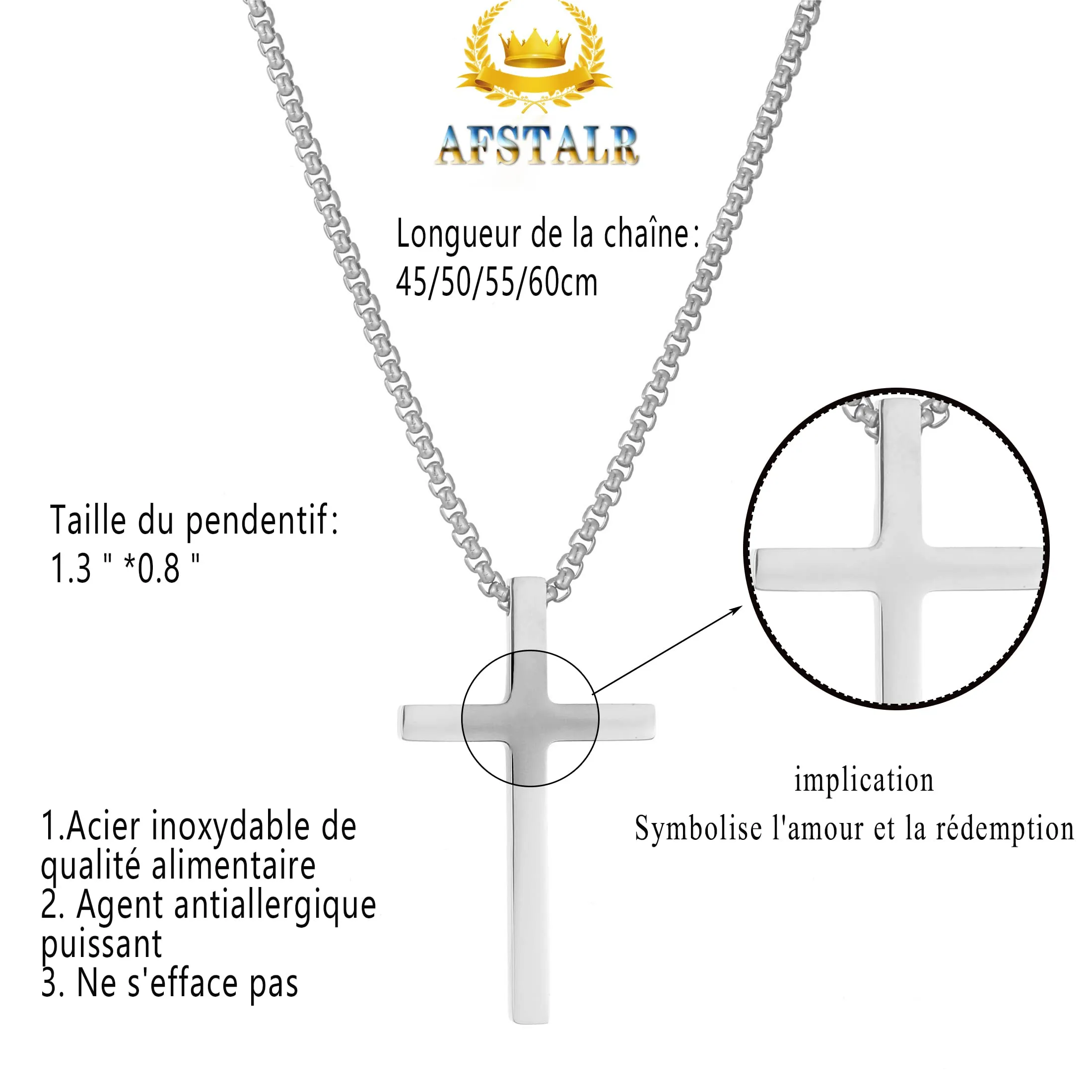 AFSTALR Collana con Croce in Acciaio Inossidabile Argento, 60 cm - immagine 5