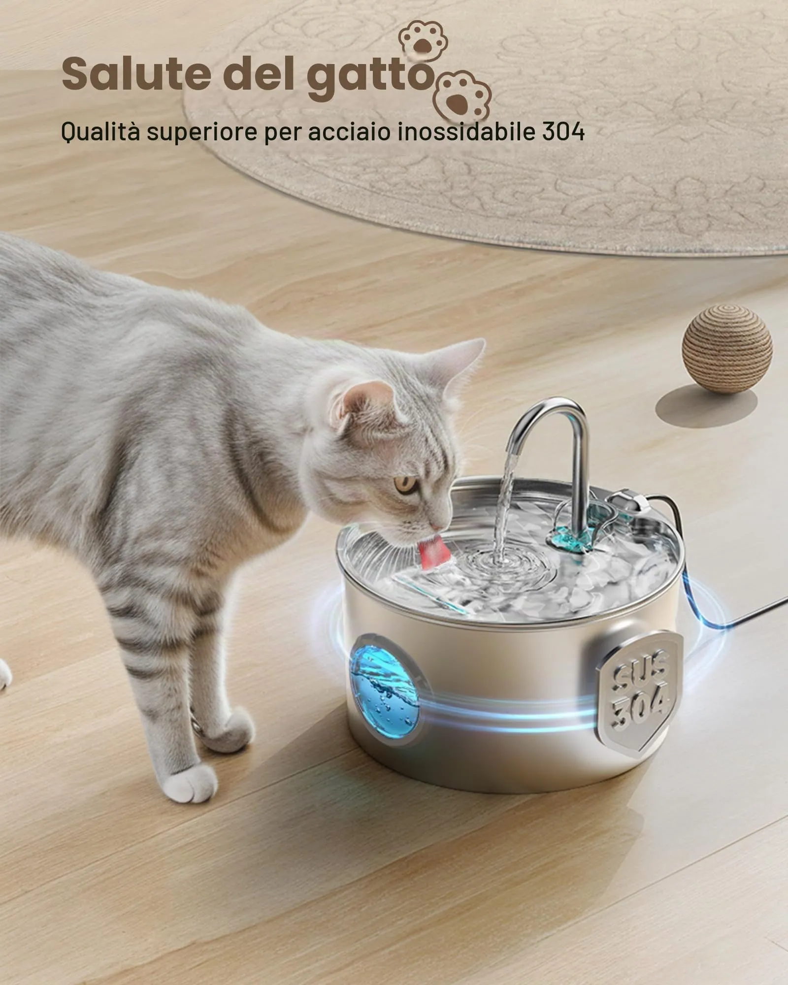 GIOTOHUN Fontanella per Gatti in Acciaio Inossidabile 304 con 8 Filtri e 8 Spugne, 2.2 Litri - immagine 2